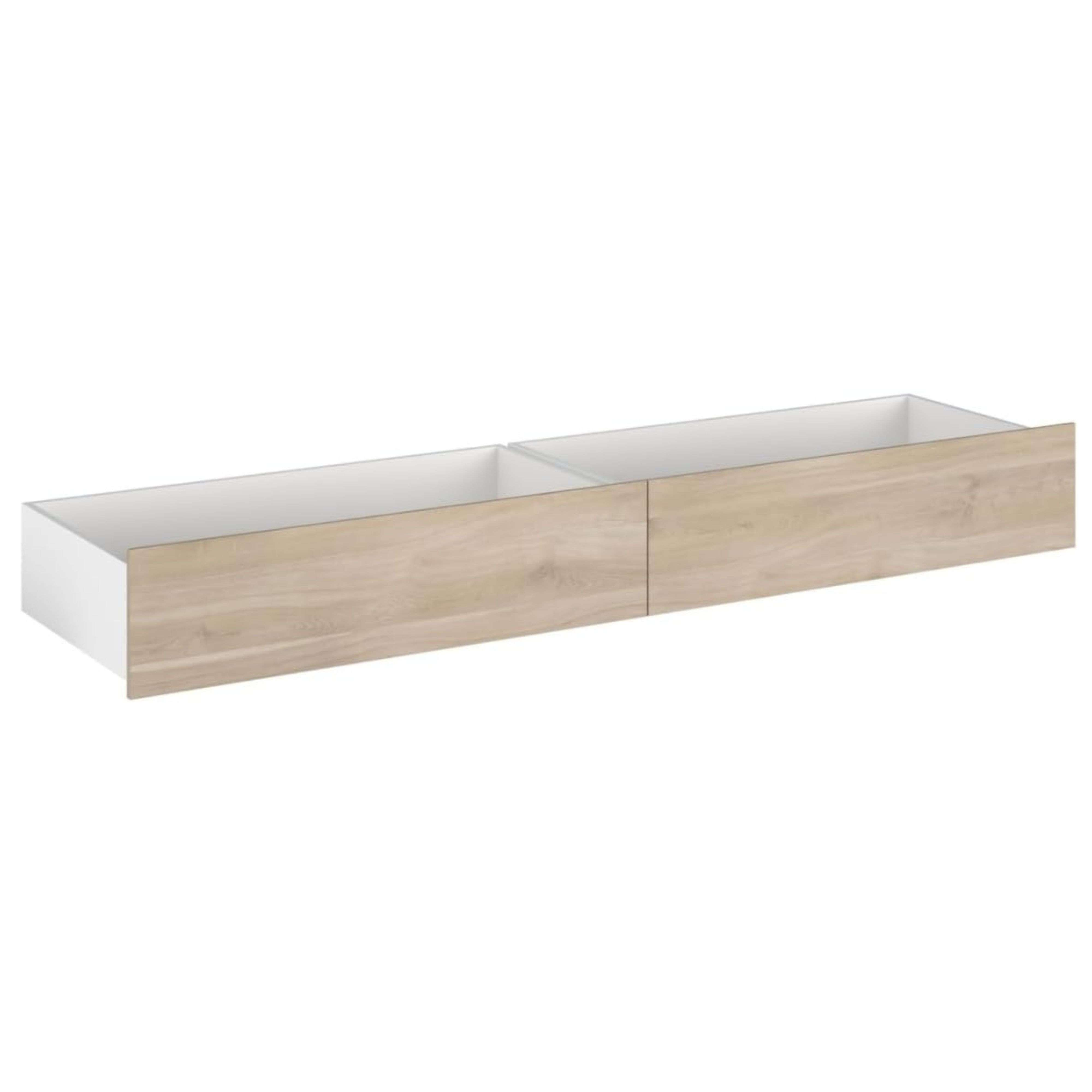 Dos cajones abiertos con frentes de vetas de madera e interiores blancos.