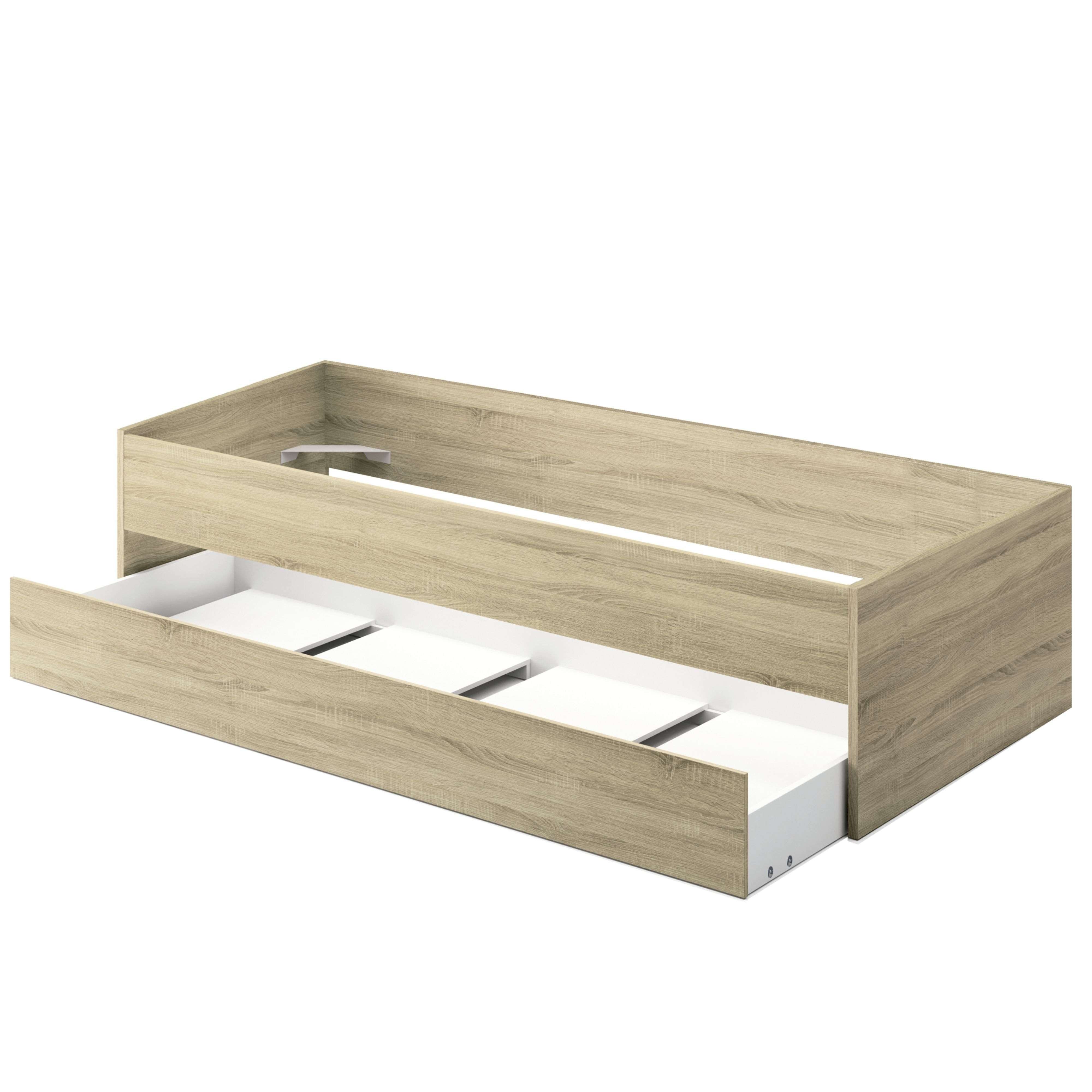 Una estructura de cama de madera con un cajón blanco extraíble.