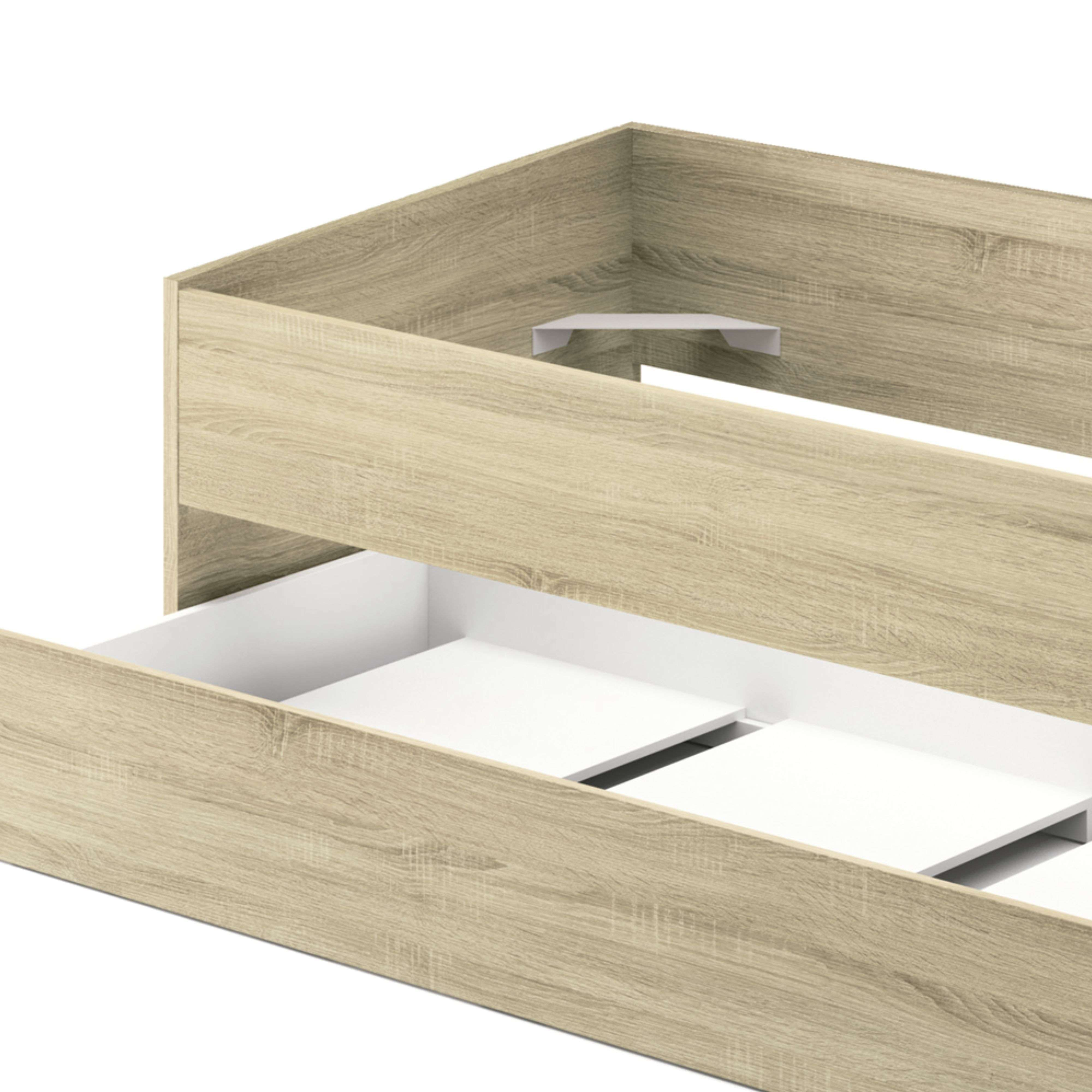 Se muestra un marco de cama de madera clara con cajones blancos.