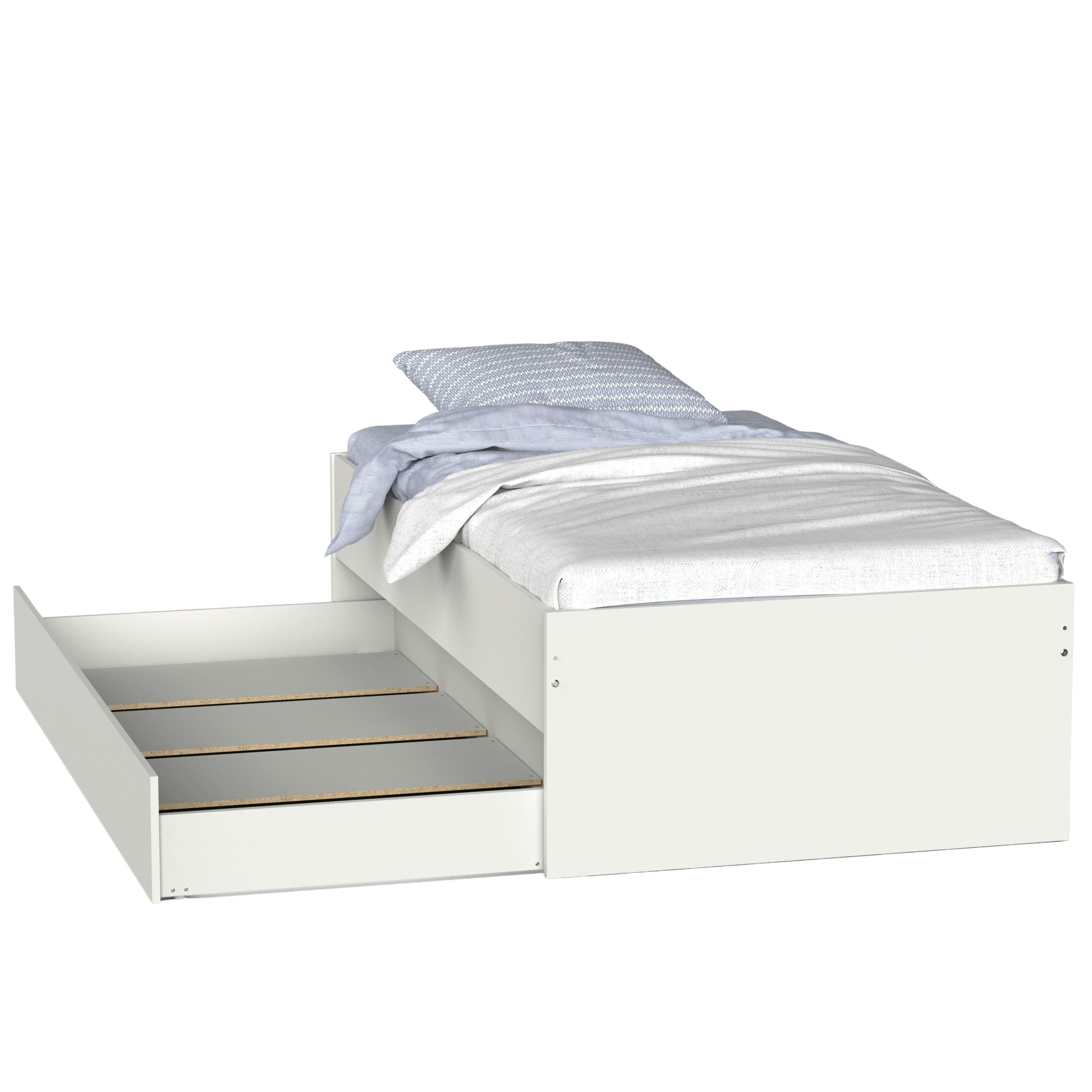Una cama blanca con un cajón abierto, almohada y manta.