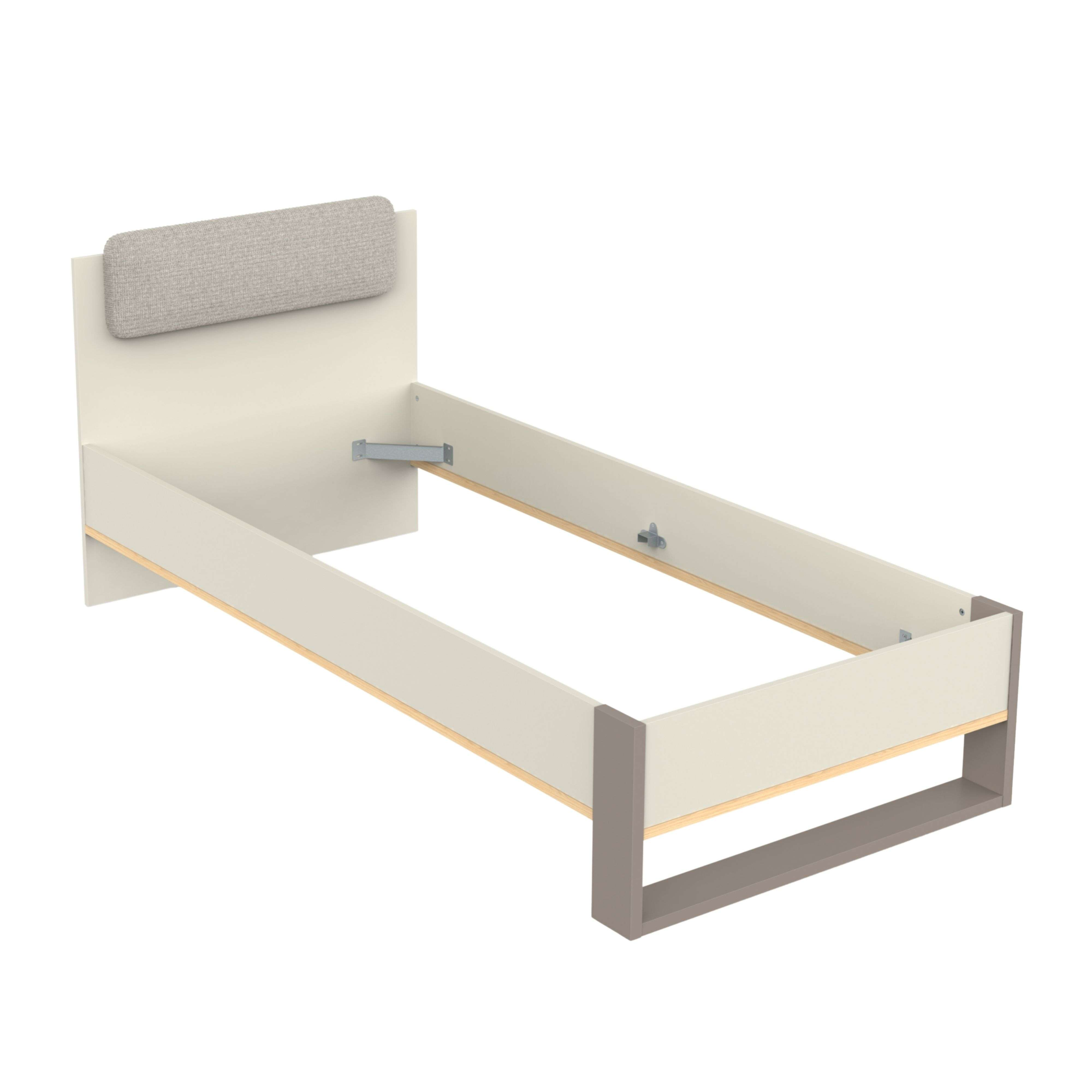 Una estructura de cama de color claro con cabecero gris, sobre fondo blanco.