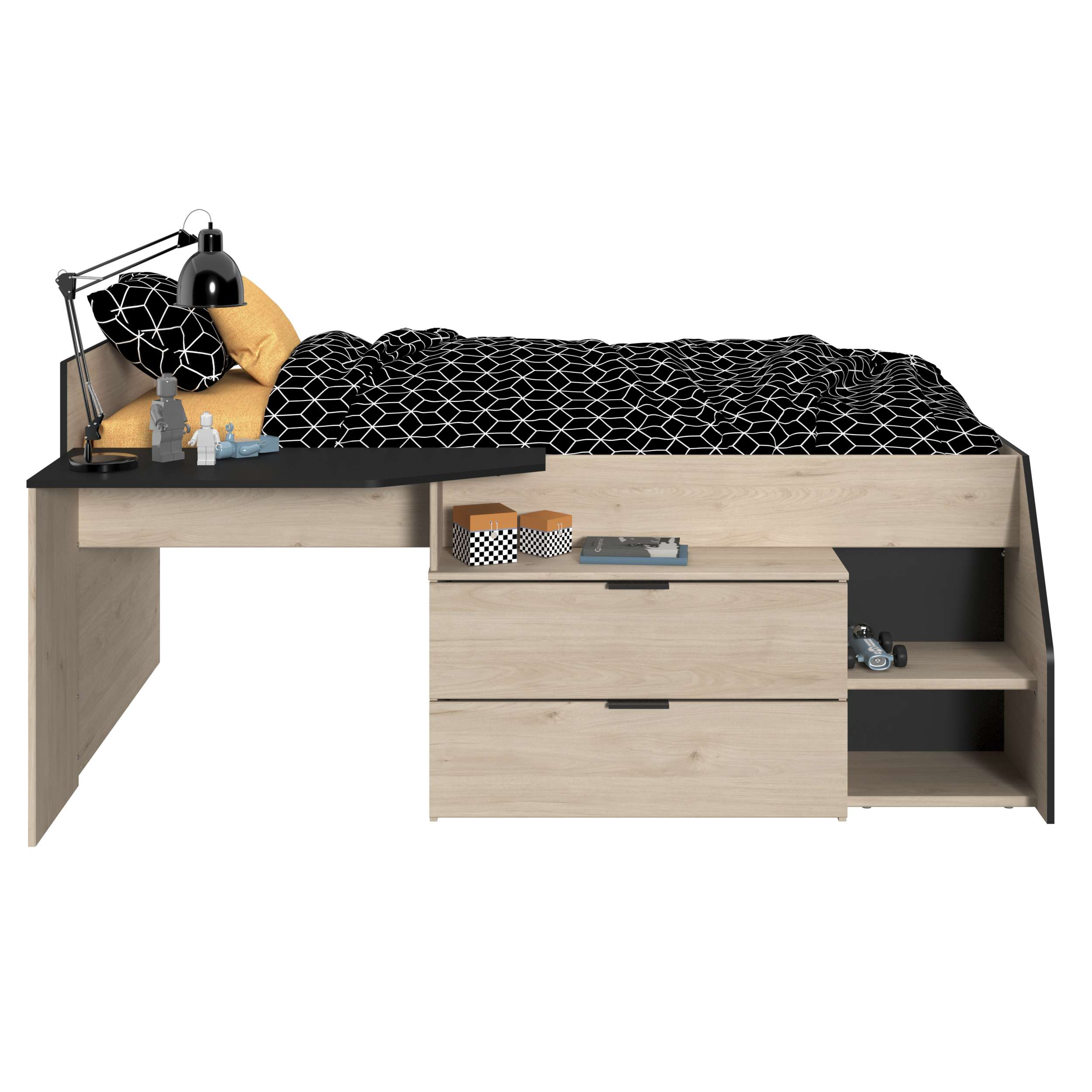 Una cama elevada con escritorio, cajones y estantes, decorada con juguetes y cojines.
