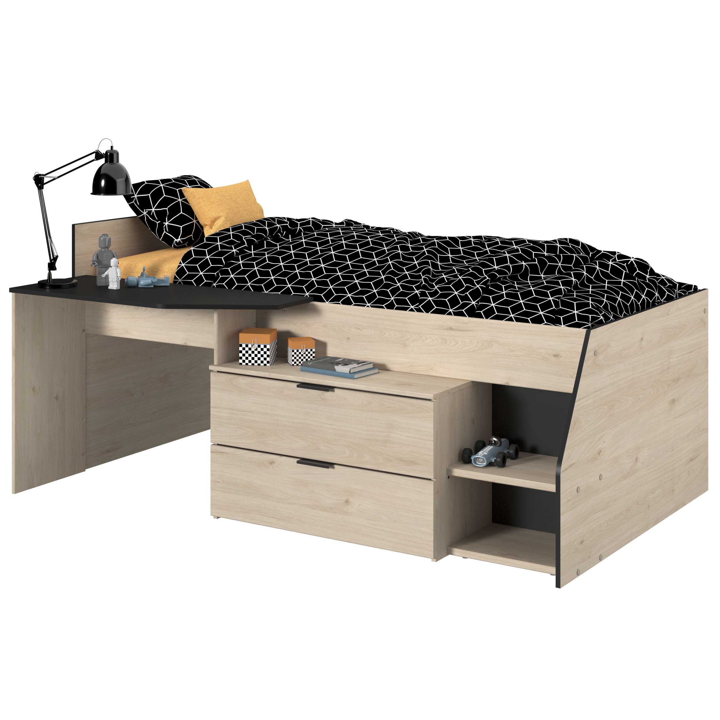 Una cama alta con escritorio y cajones, ropa de cama blanca y negra.