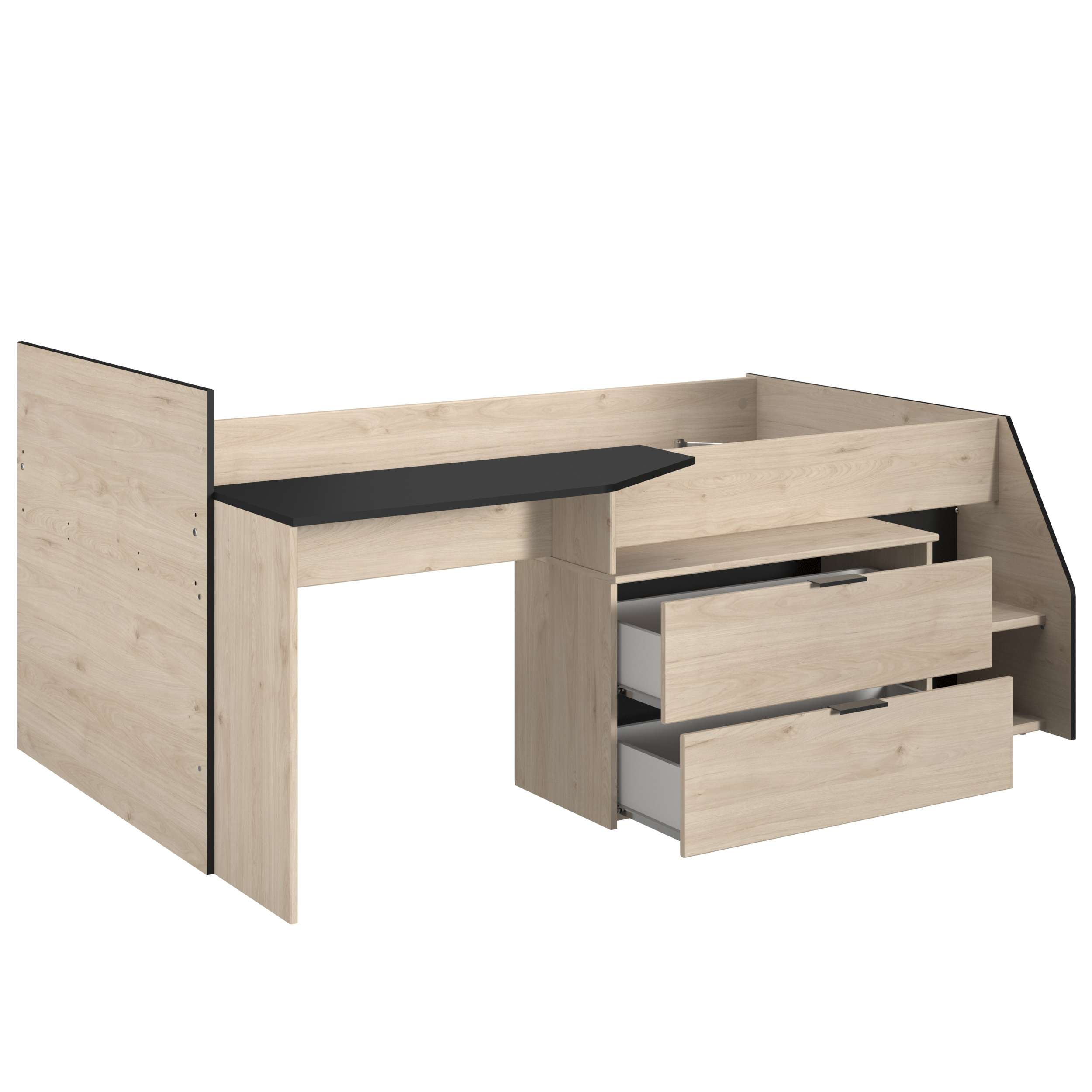 Cama alta de madera clara con escritorio negro y tres cajones.