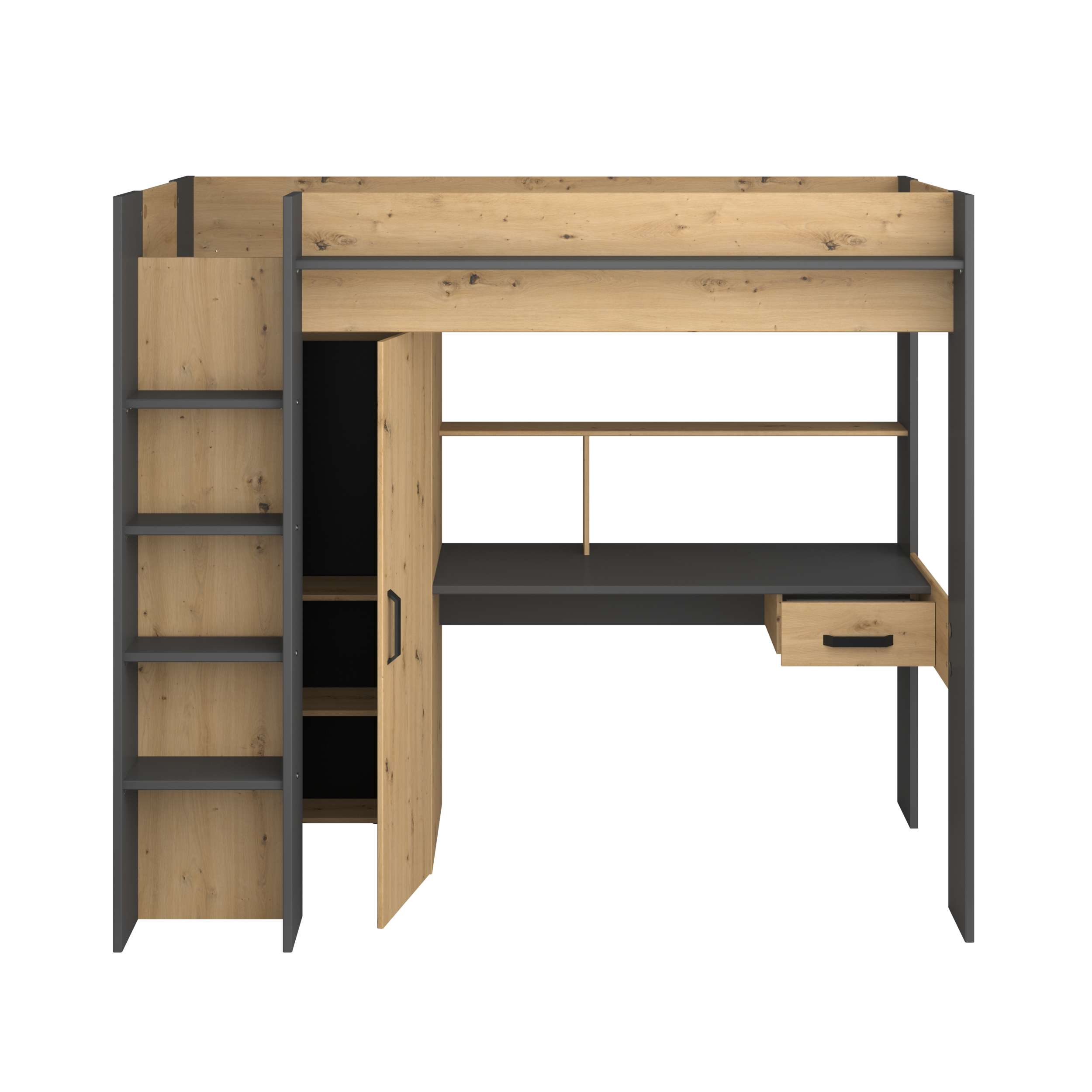 Una cama alta con escritorio y estantes en tonos madera y grises.