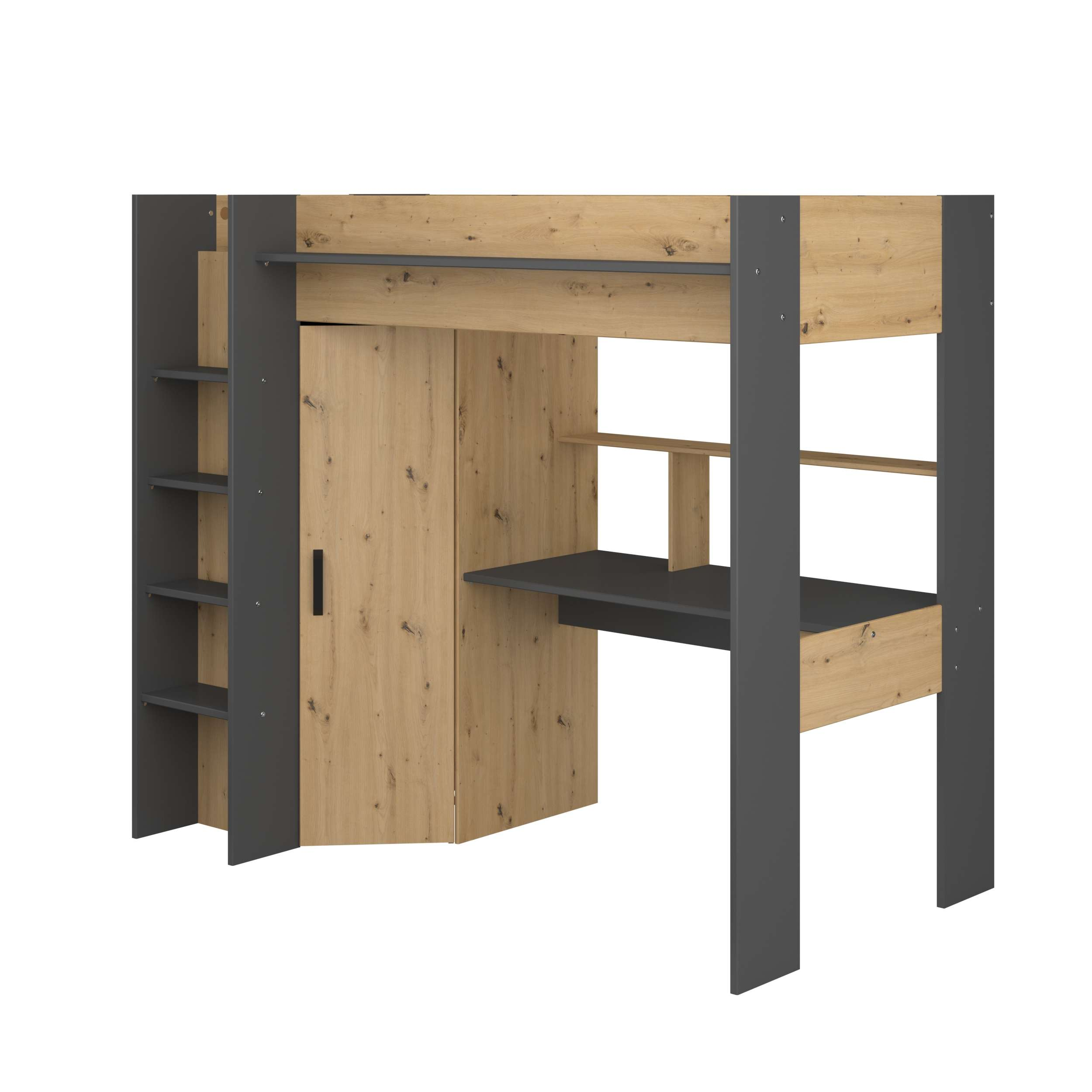 Una cama alta gris y de aspecto madera con armario, escritorio y estantes.