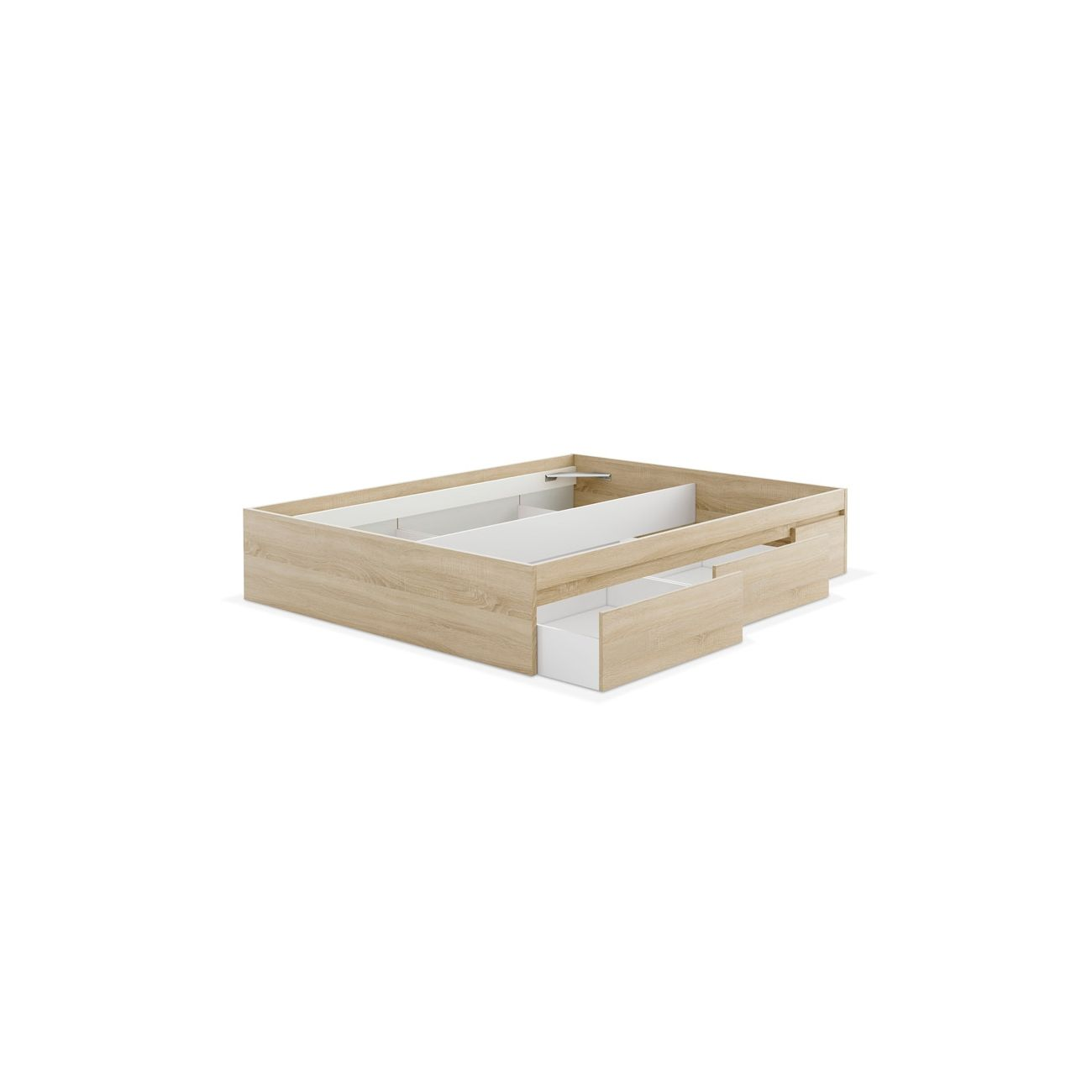 Estructura de cama de madera con cajones blancos, sobre fondo blanco.
