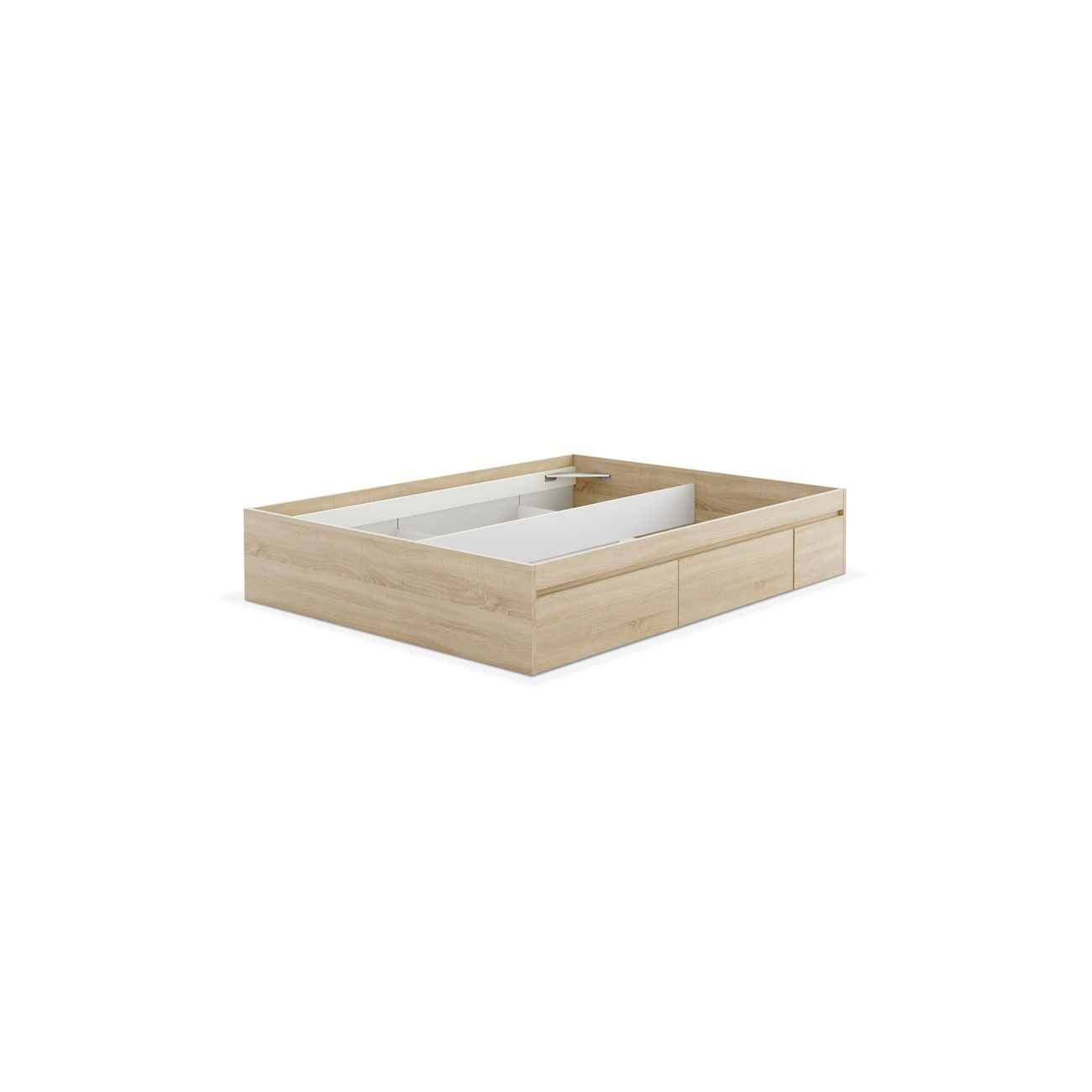 Estructura de cama de madera con cajones blancos y compartimento interior.