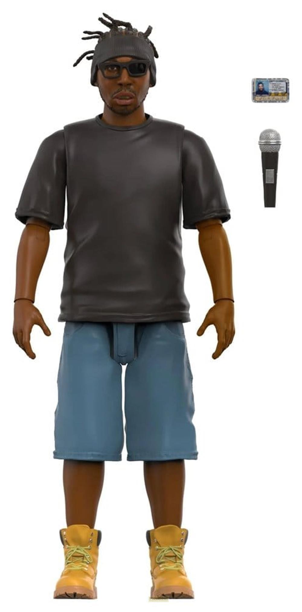 Actionfigur eines Mannes mit Dreadlocks, Sonnenbrille, T-Shirt, Shorts und Stiefeln.