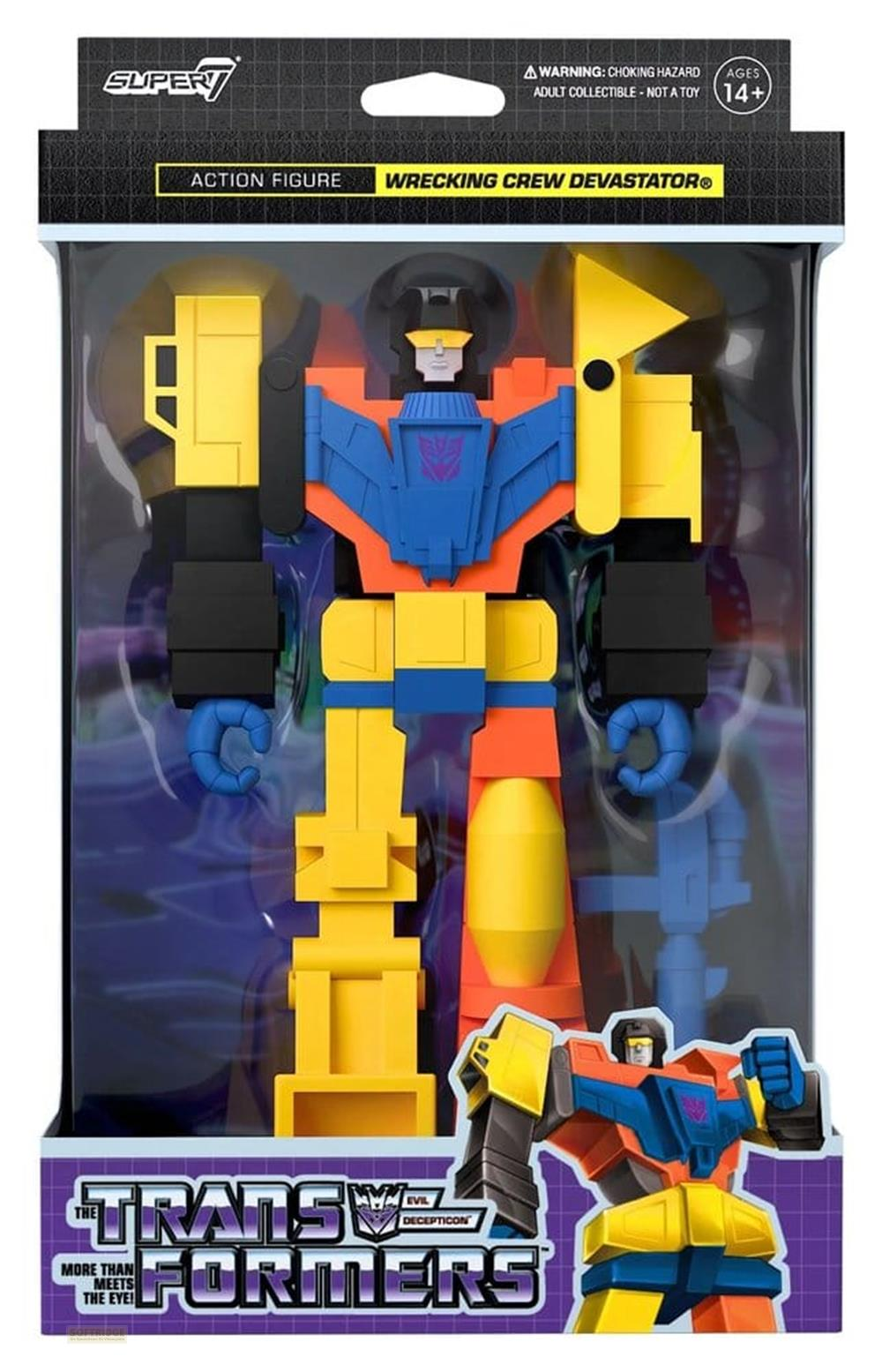 Ein gelber, blauer und oranger Transformer-Actionfigur in einer Verpackung.