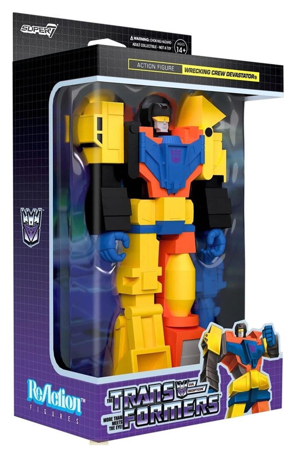 Ein gelber und oranger Transformer mit blauen Akzenten in einer Box.