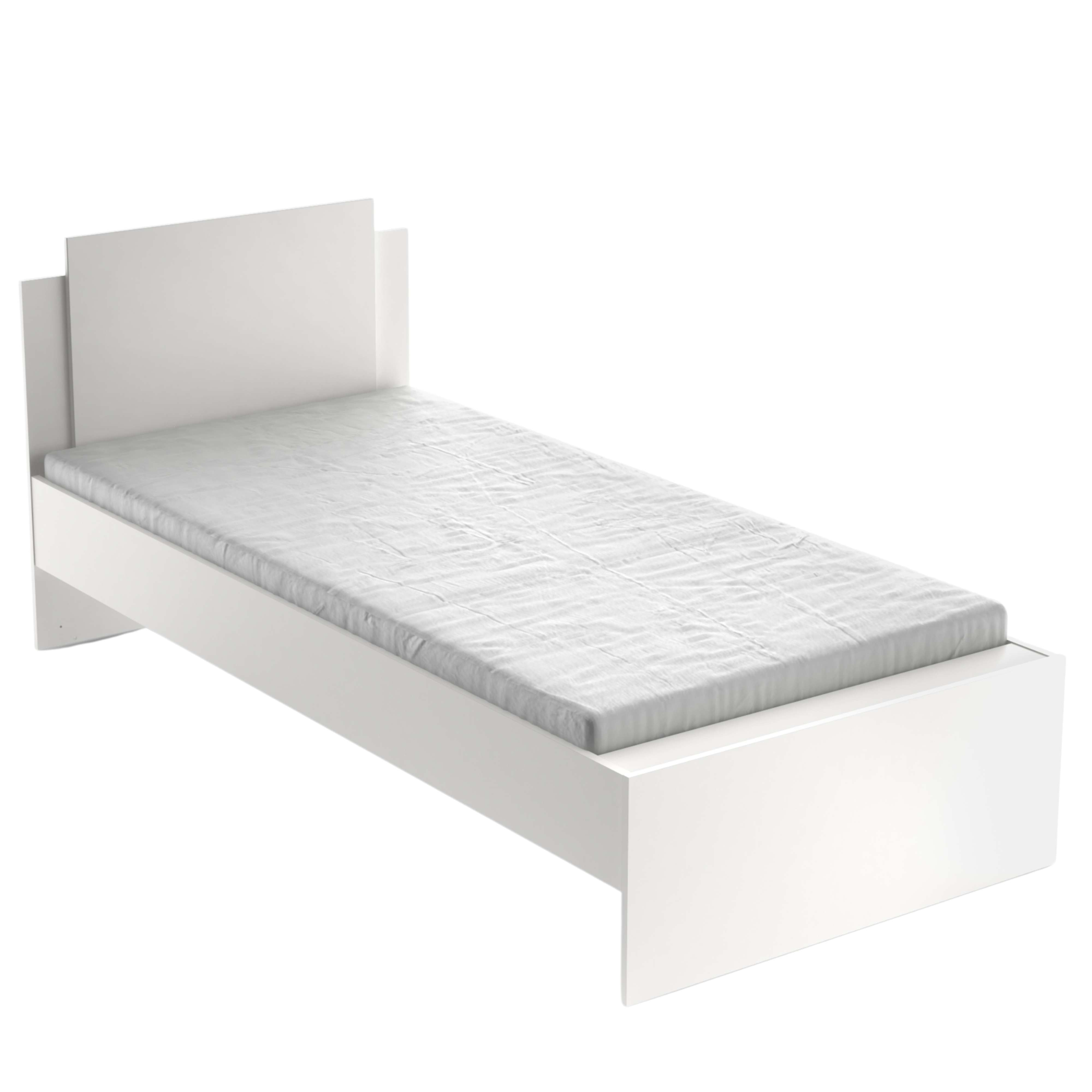 Una cama individual blanca con colchón blanco y cabecero.