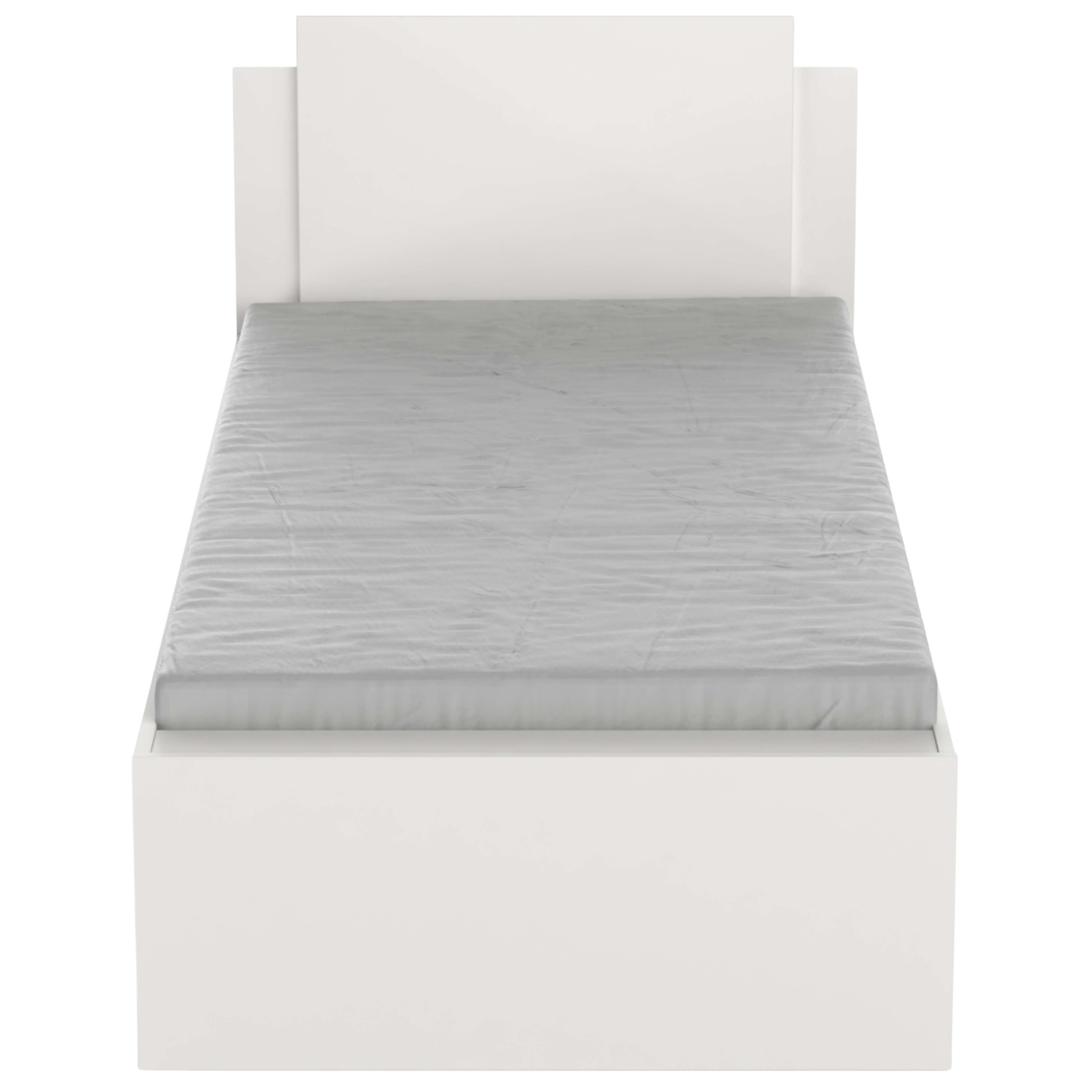 Una cama blanca con ropa de cama gris, cabecero y base blancos.