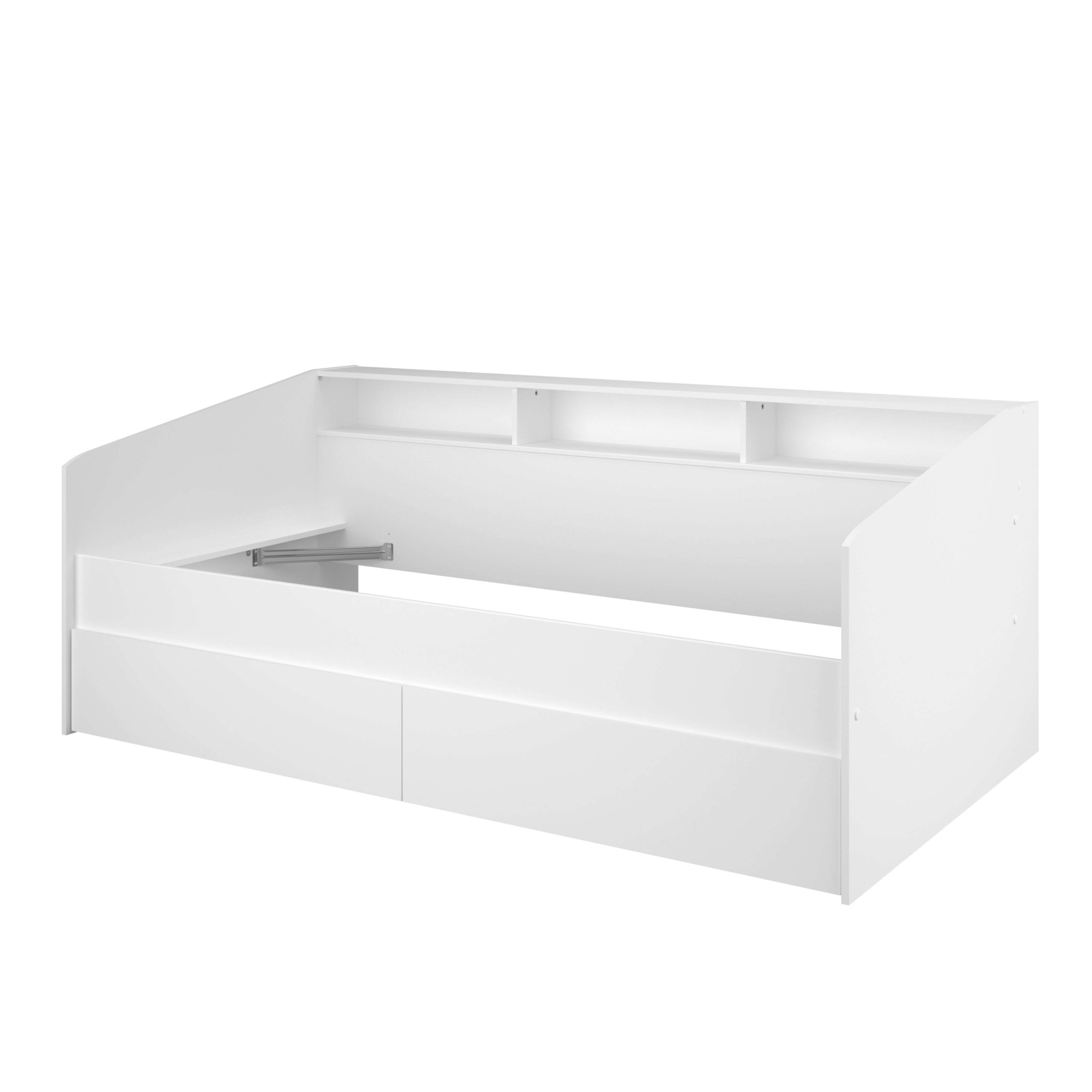 Una estructura de cama blanca con cajones y un estante encima.