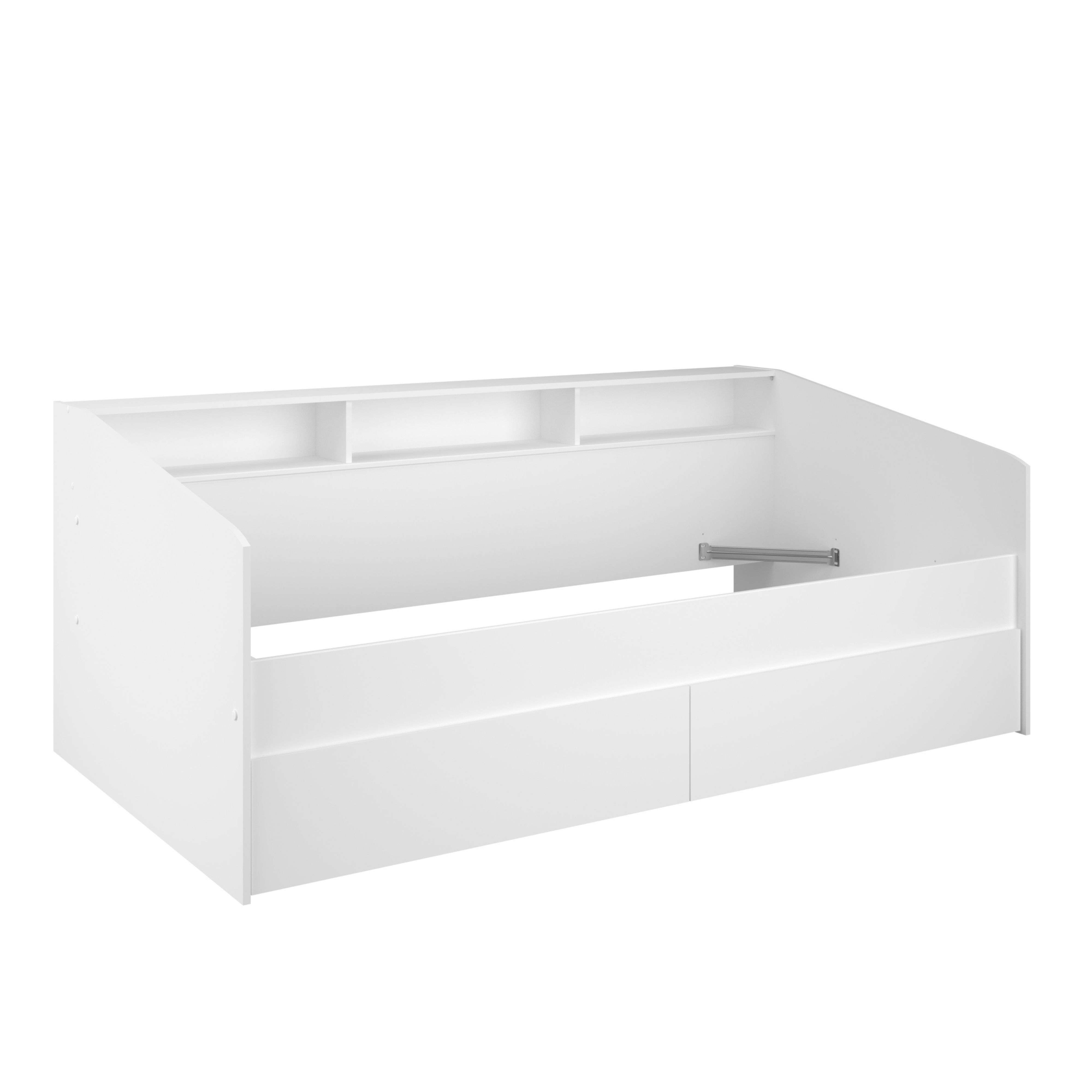 Una estructura de cama blanca con estantes y cajones integrados.