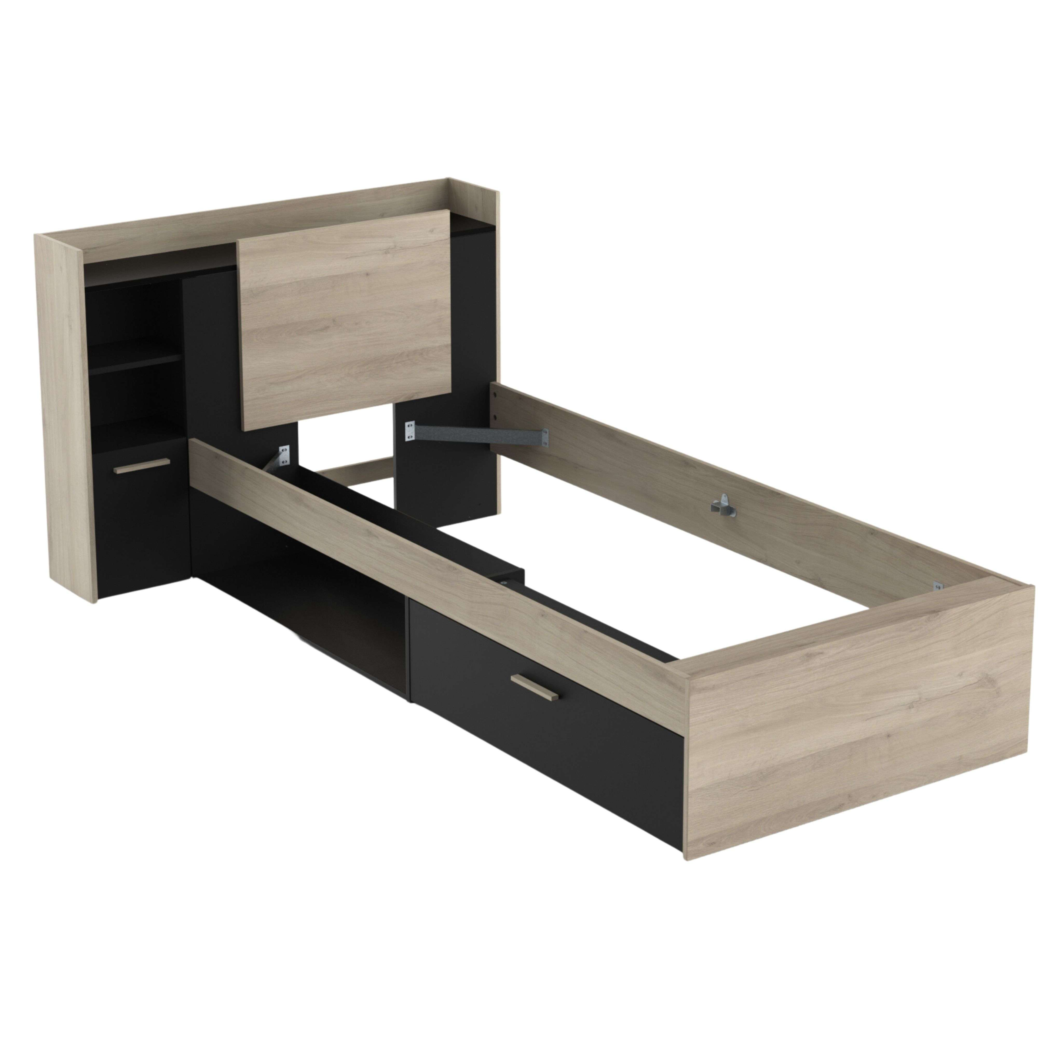 Una estructura de cama de madera clara y material negro con cajones.