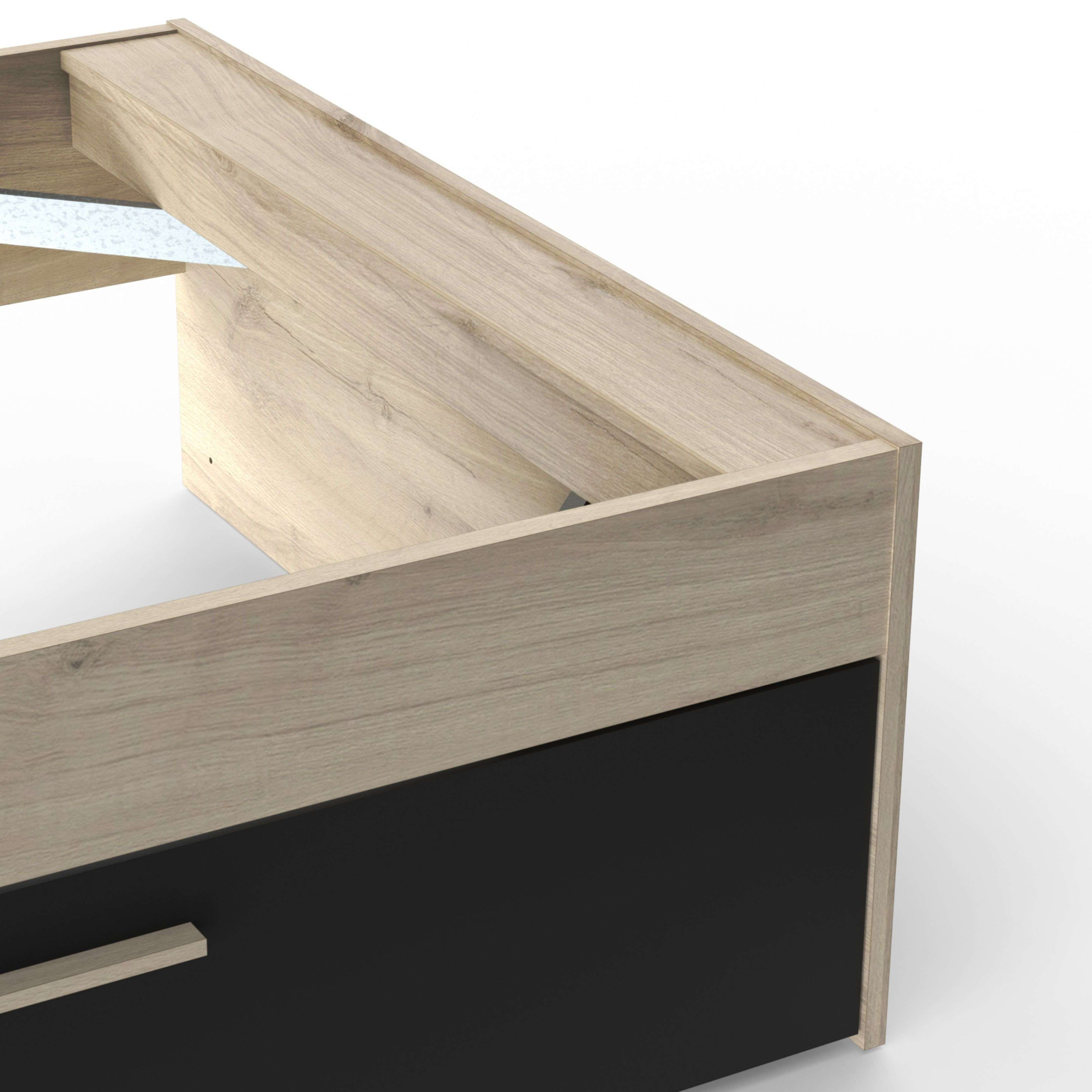 Frente de cajón de madera con cajón y tirador negros.