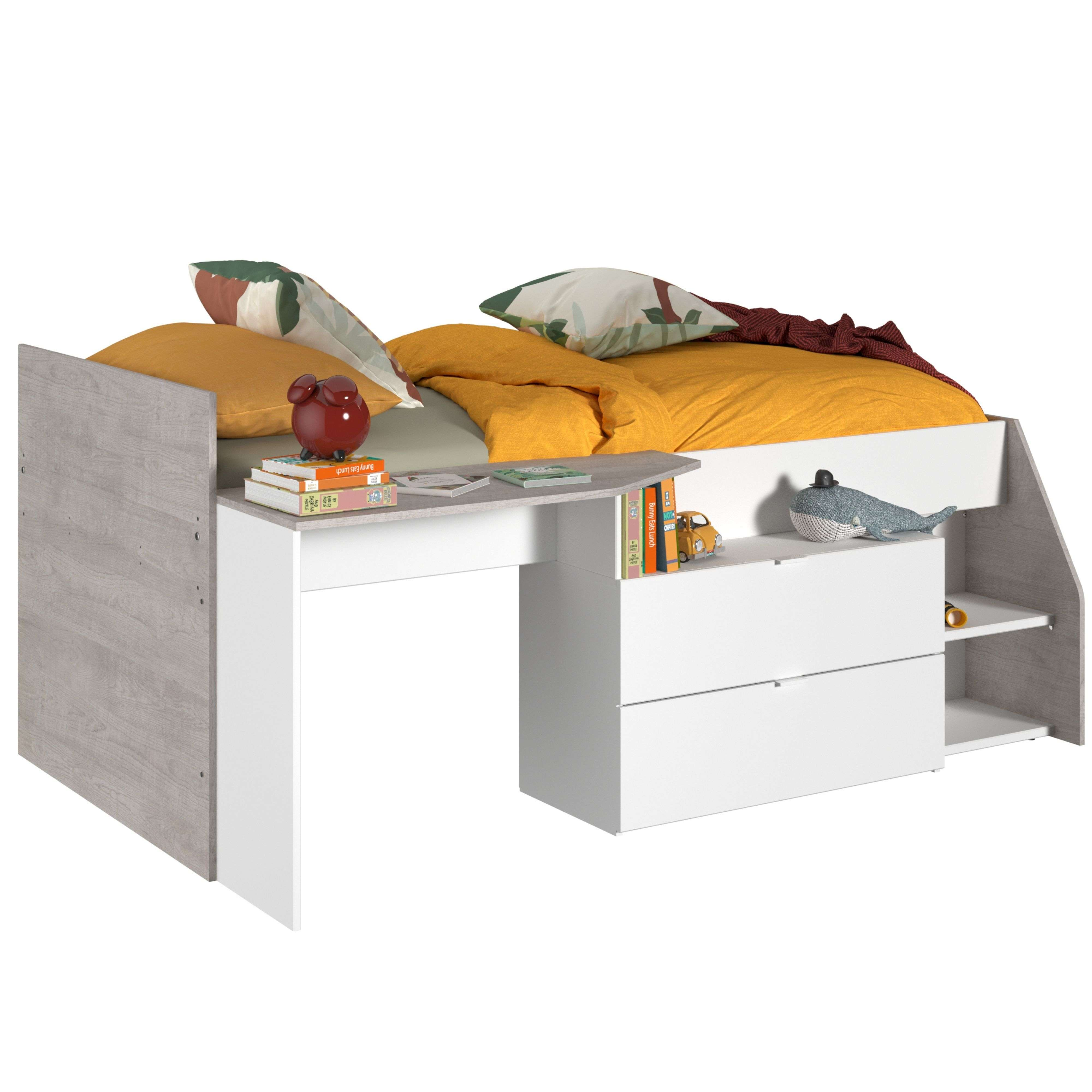 Una cama con escritorio, cajones y estantes, decorada con cojines y juguetes.