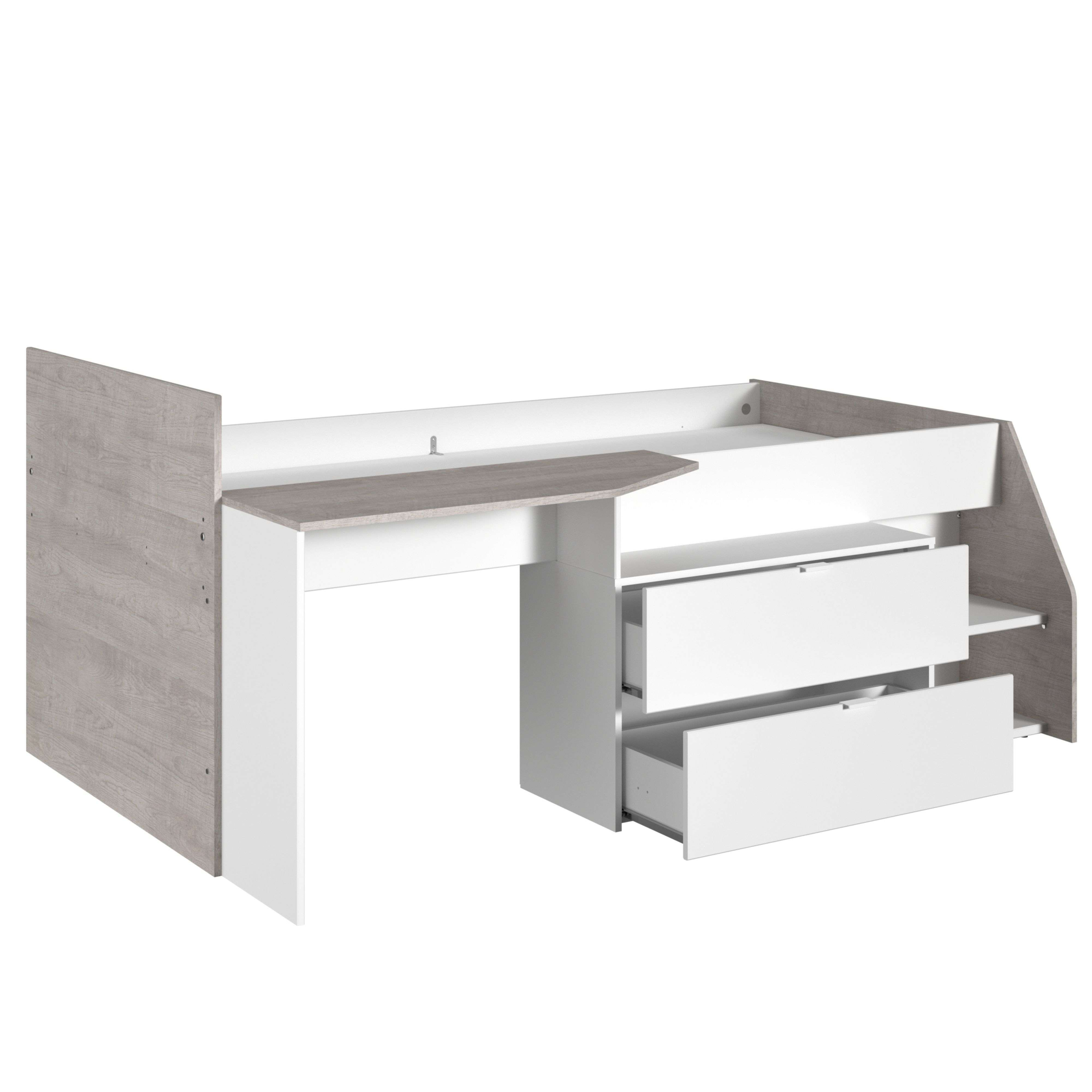 Una cama blanca y gris con escritorio y cajones.
