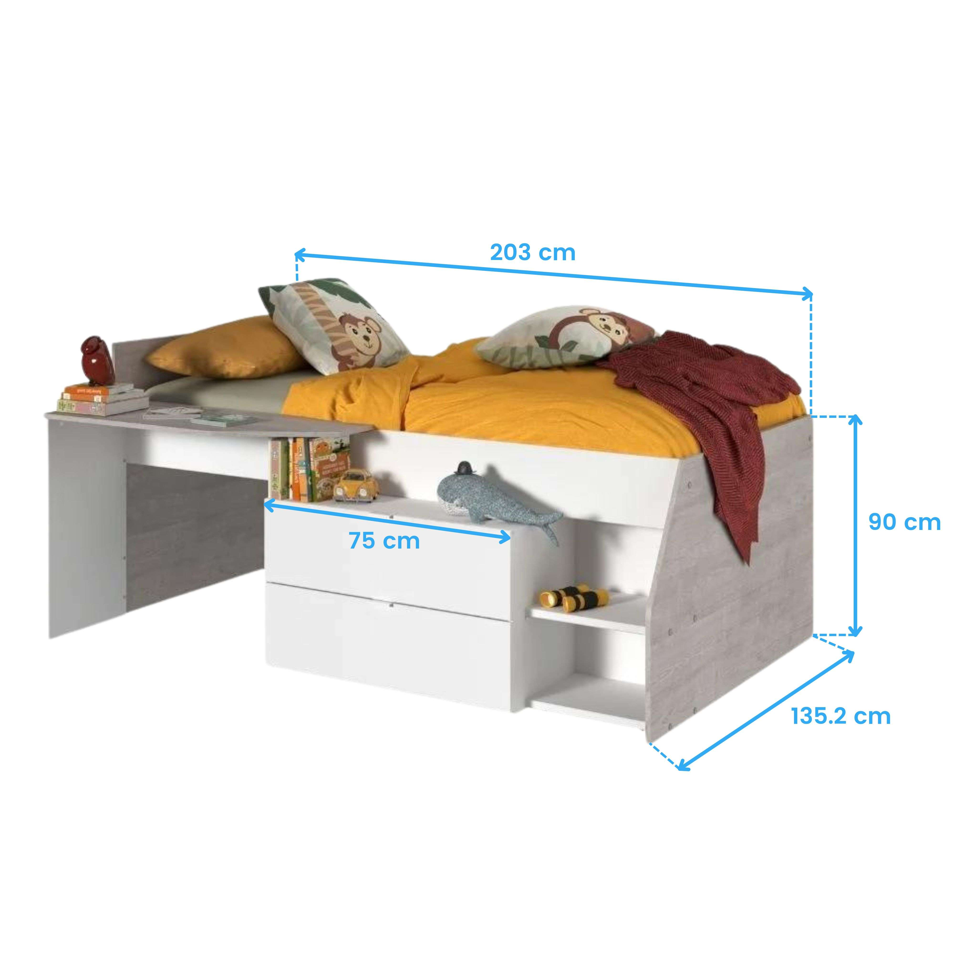 Cama infantil con escritorio, cajones y estante abierto. Ropa de cama amarilla.