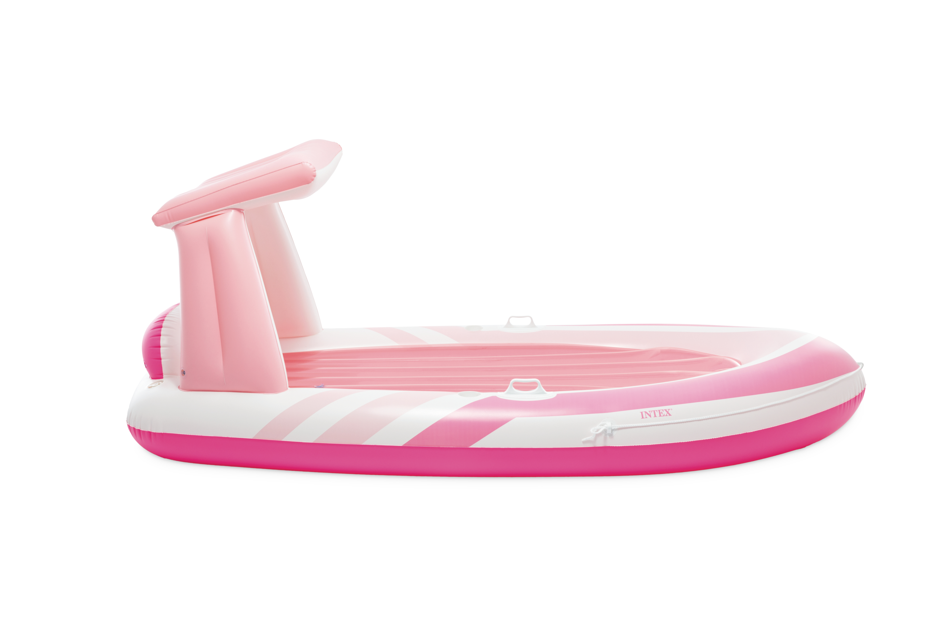 Aufblasbarer Pool mit Sonnendach, rosa und wei gestreift.