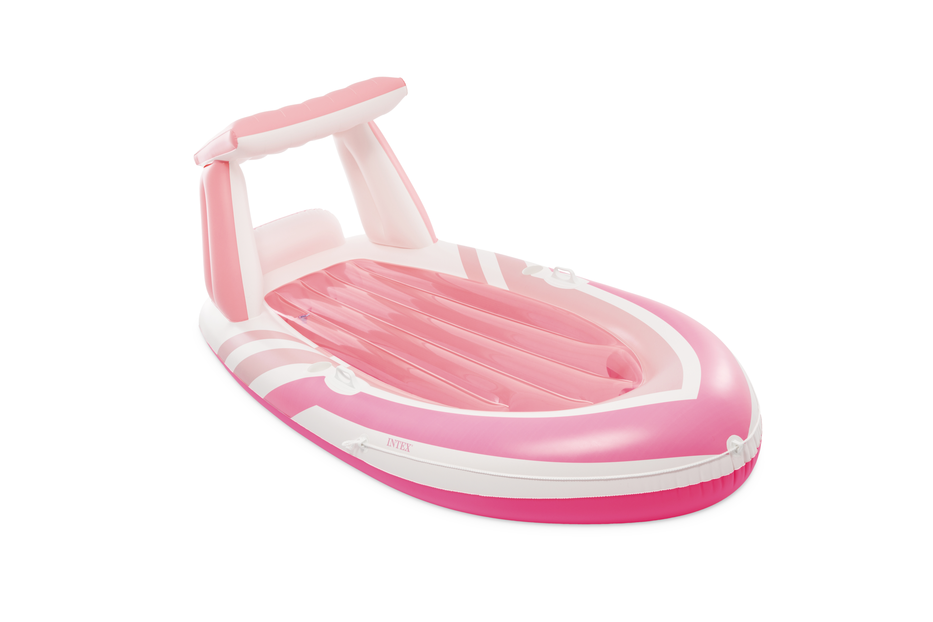 Aufblasbares pink-weiß gestreiftes Boot mit Baldachin, auf weißem Hintergrund.