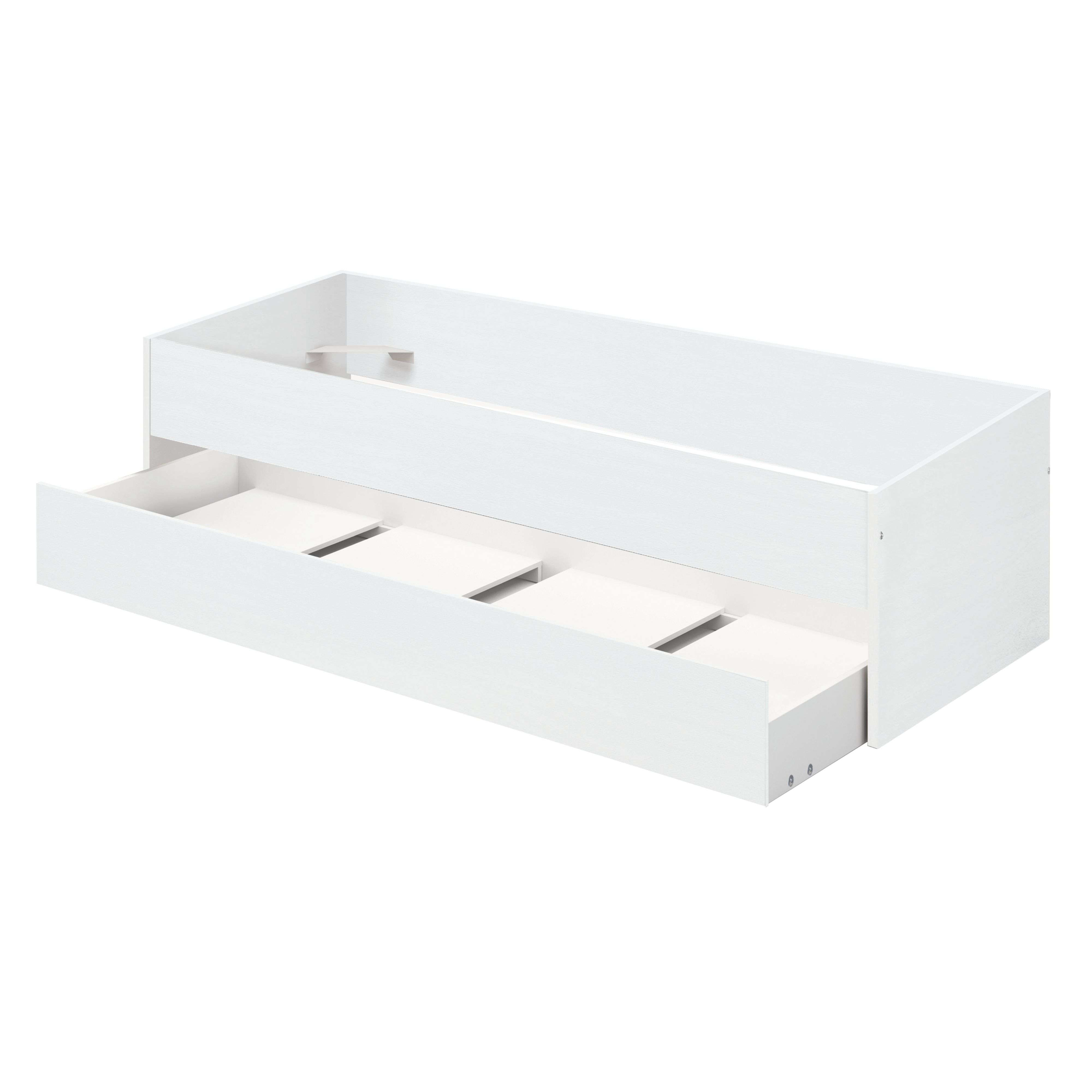 Estructura de cama blanca con sección abierta y tres cajones.