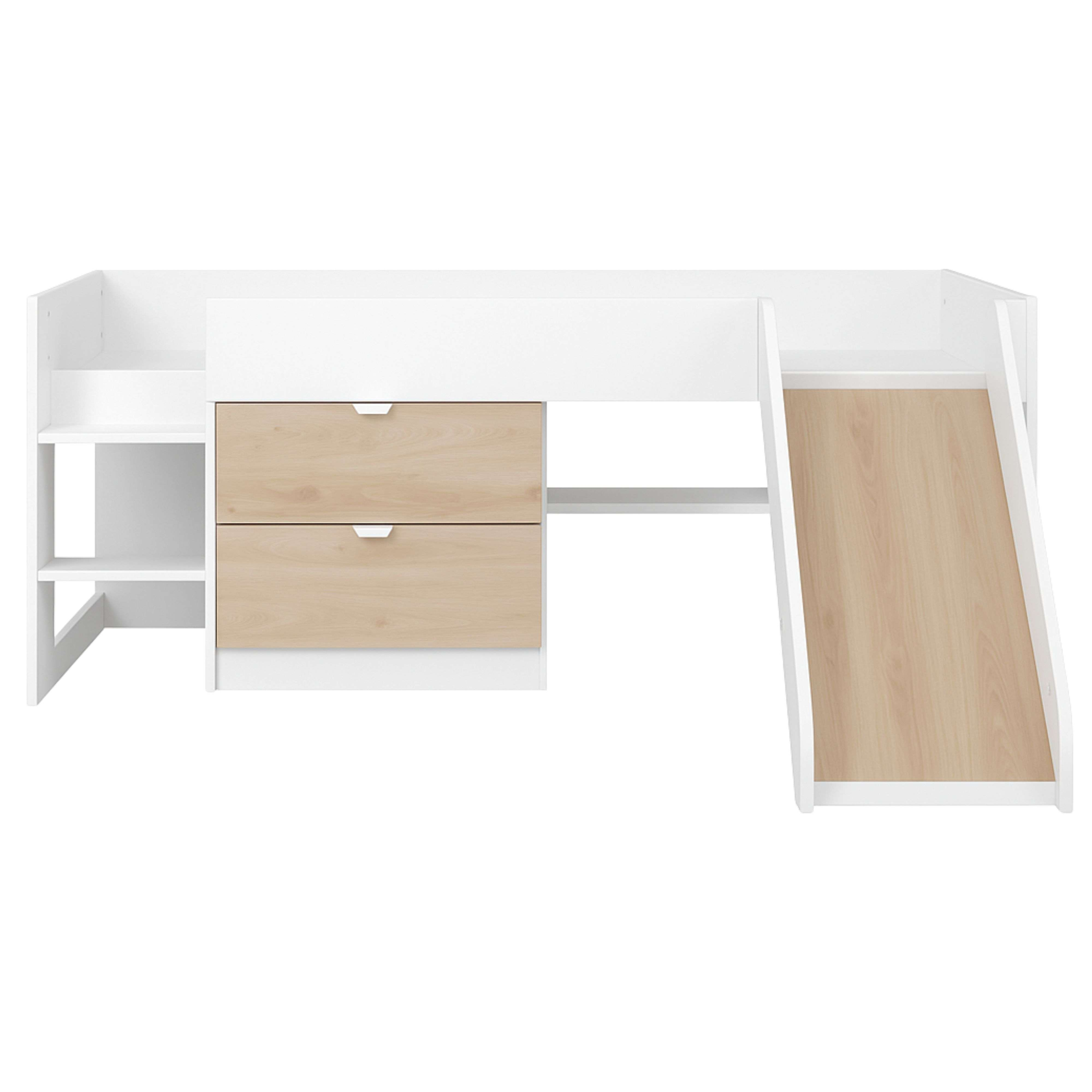 Estructura de cama blanca con cajones de madera y tobogán.