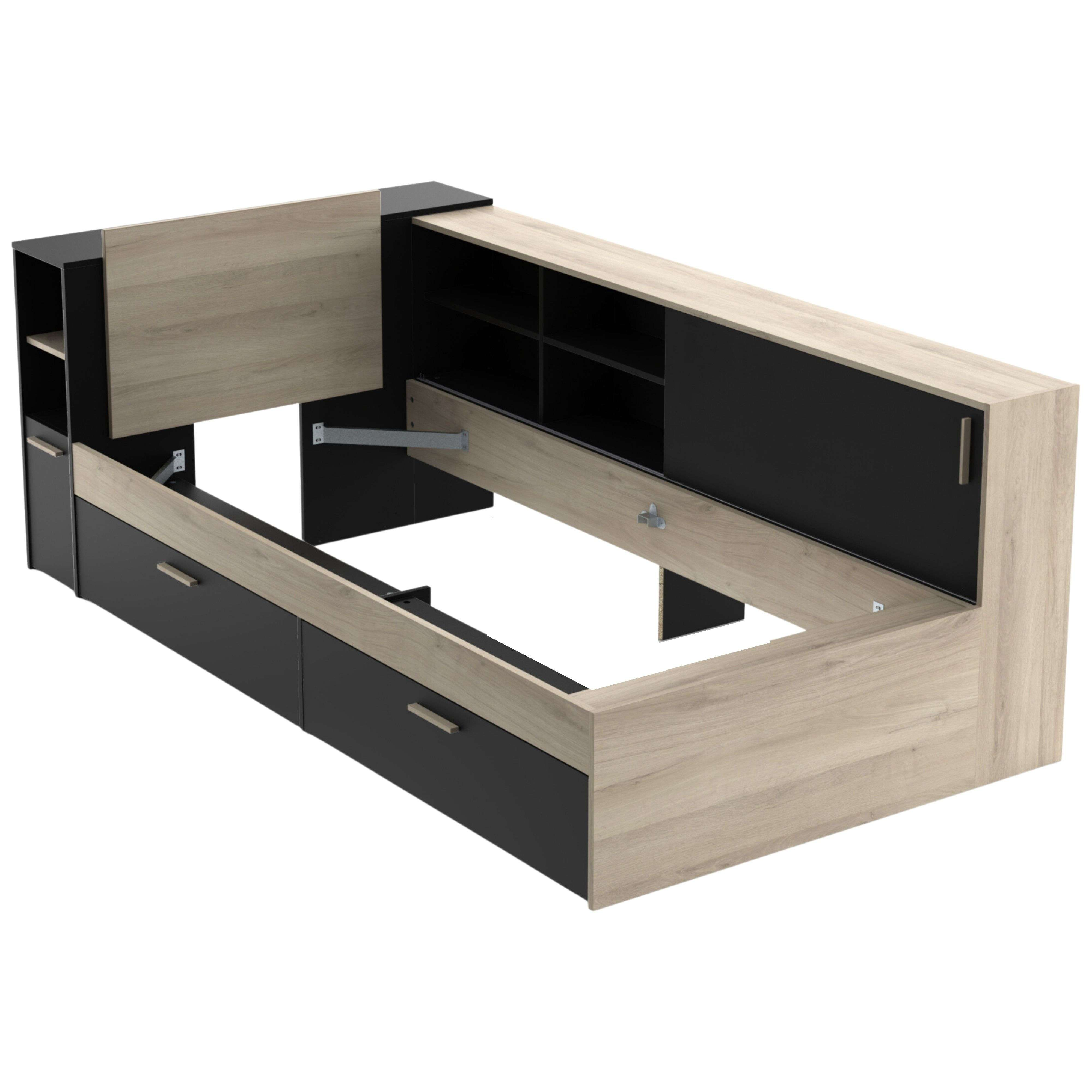 Estructura de cama moderna en madera clara y negra, con cajones y estantes.