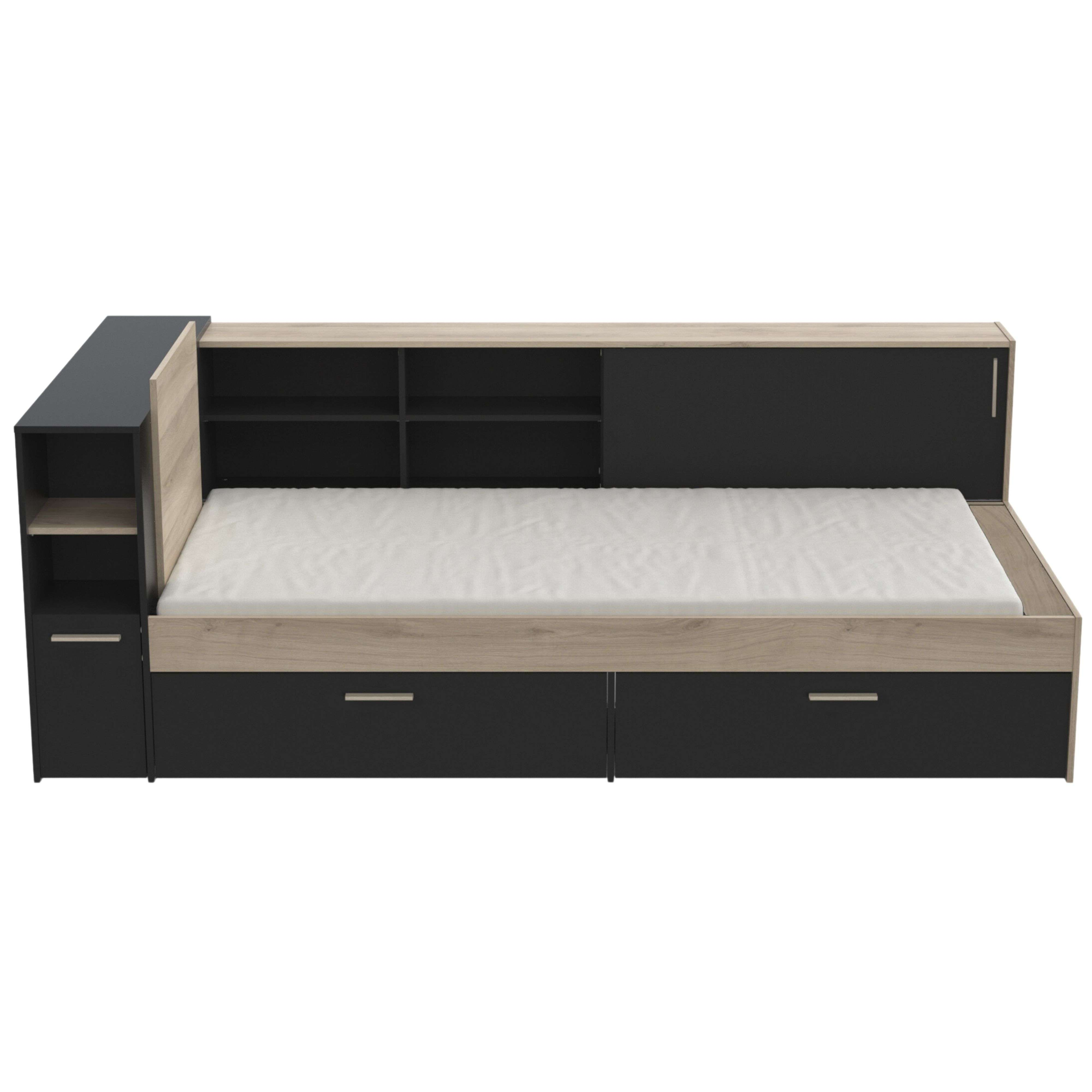 Una cama moderna con detalles en madera y negro, cajones y estantes.