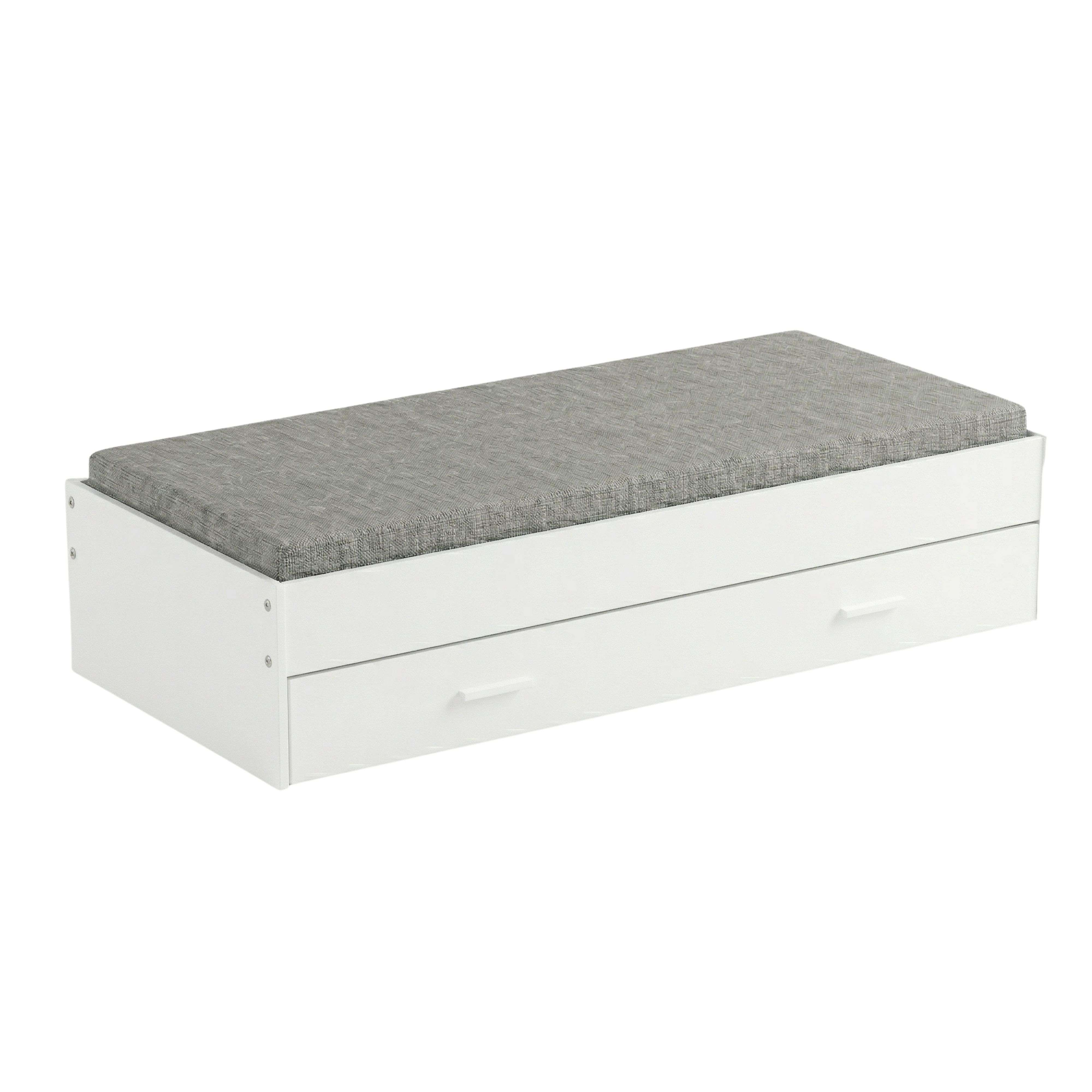 Una base de cama blanca con dos cajones y un cojín gris.