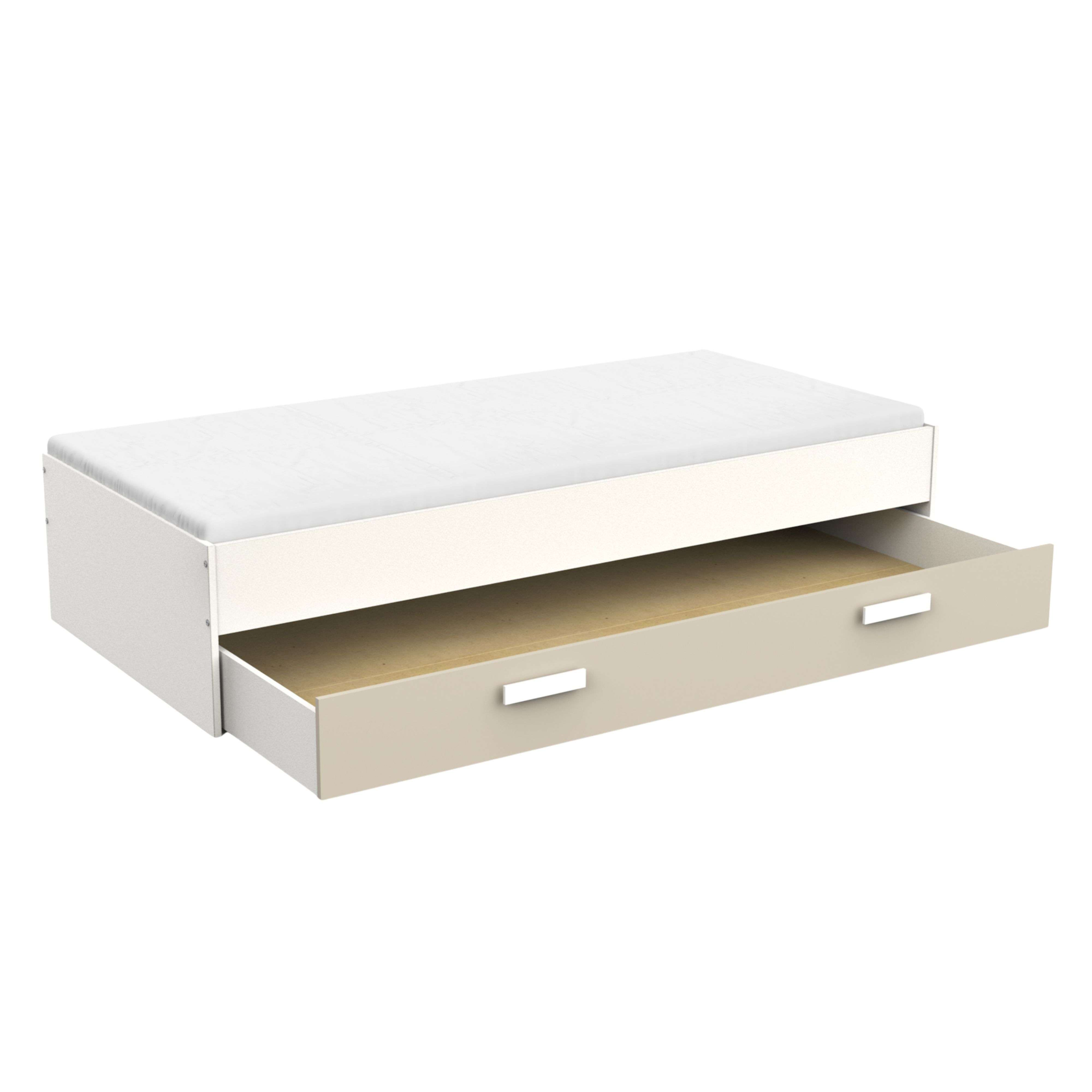 Una cama blanca con un cajón beige abierto debajo.