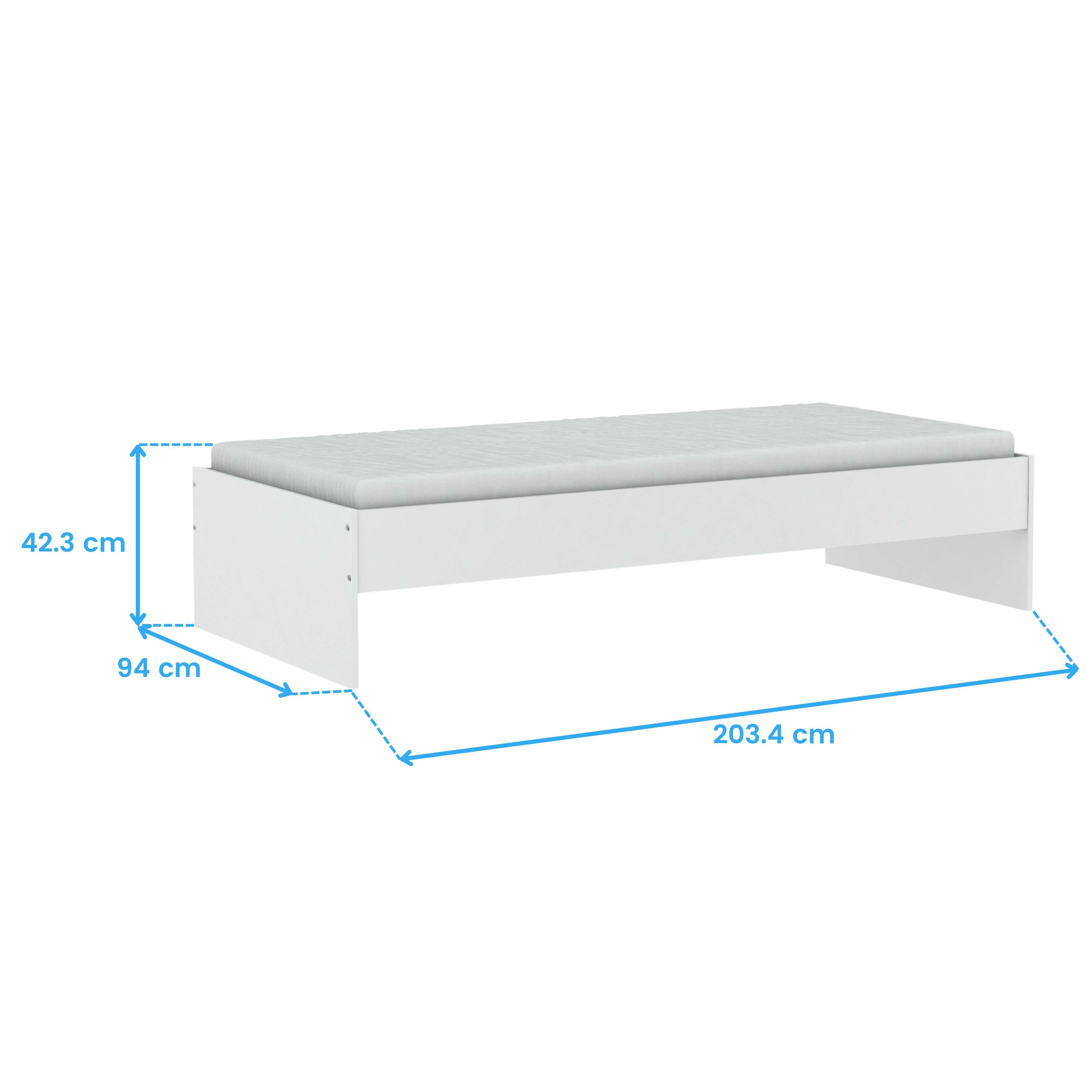 Una base de cama blanca con un colchón, se muestran las dimensiones.