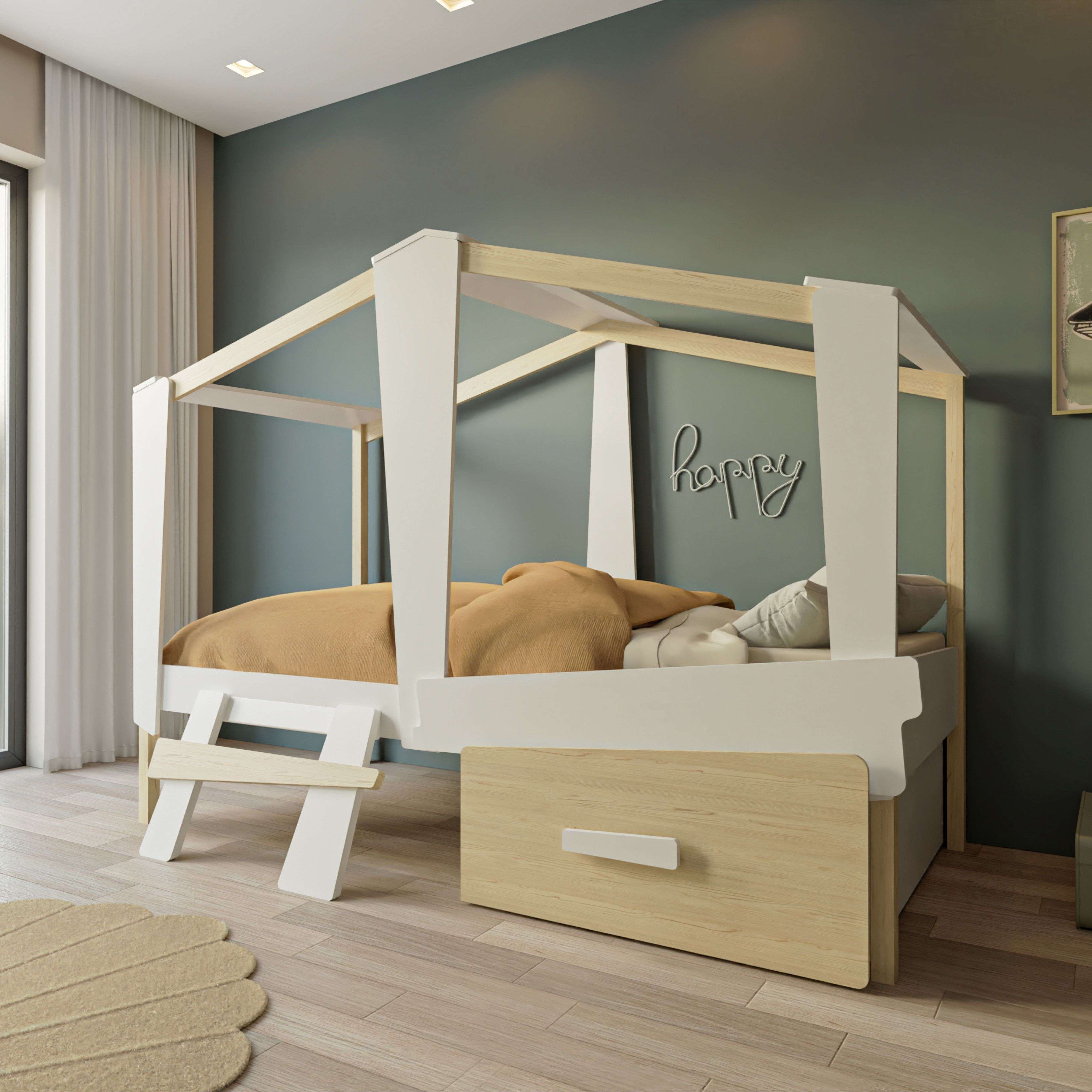 Una cama tipo casa blanca con detalles de madera, manta marrón y almohadas.