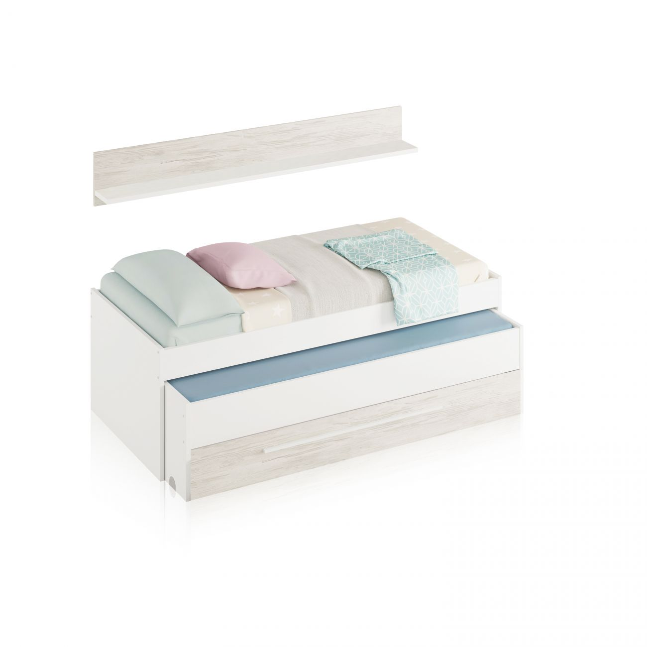 Cama blanca con dos cajones, inserto azul y dos cojines encima.