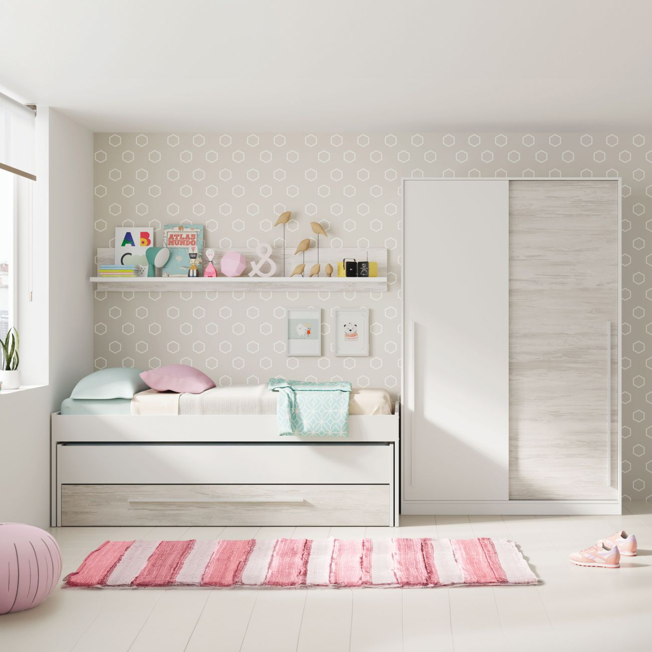 Dormitorio infantil con cama, armario y alfombra.