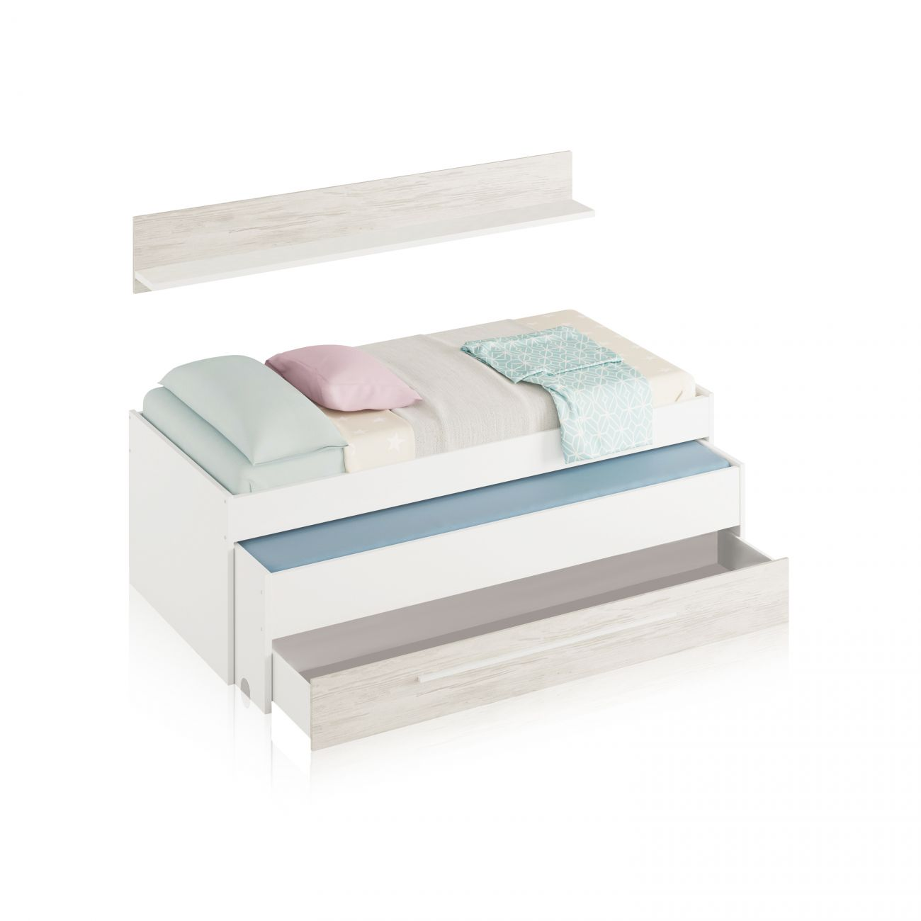 Una cama blanca con un cajón extraíble y un estante, decorada con cojines y manta.