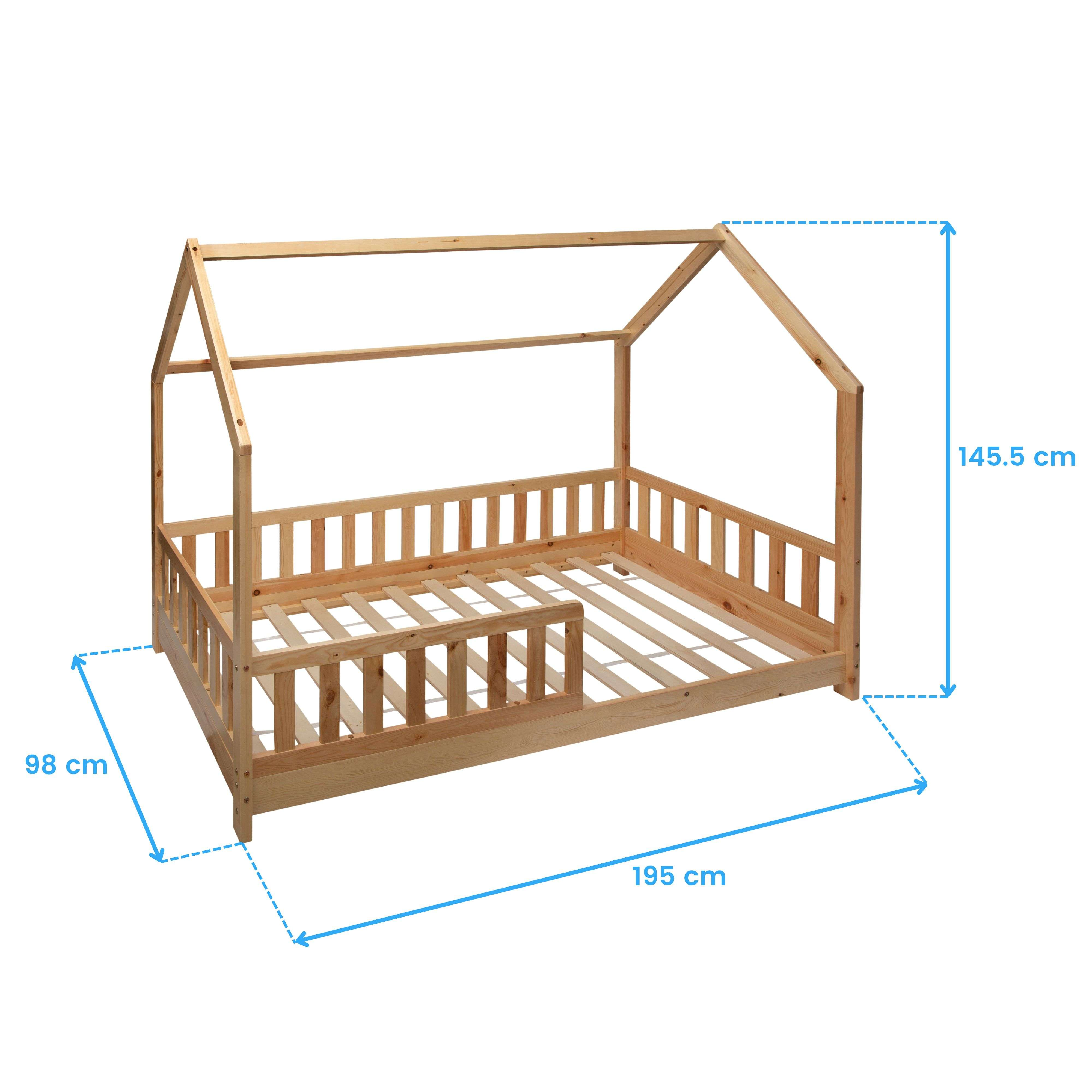 Cama de madera con estructura de casa, dimensiones 195x98x145.5 cm.