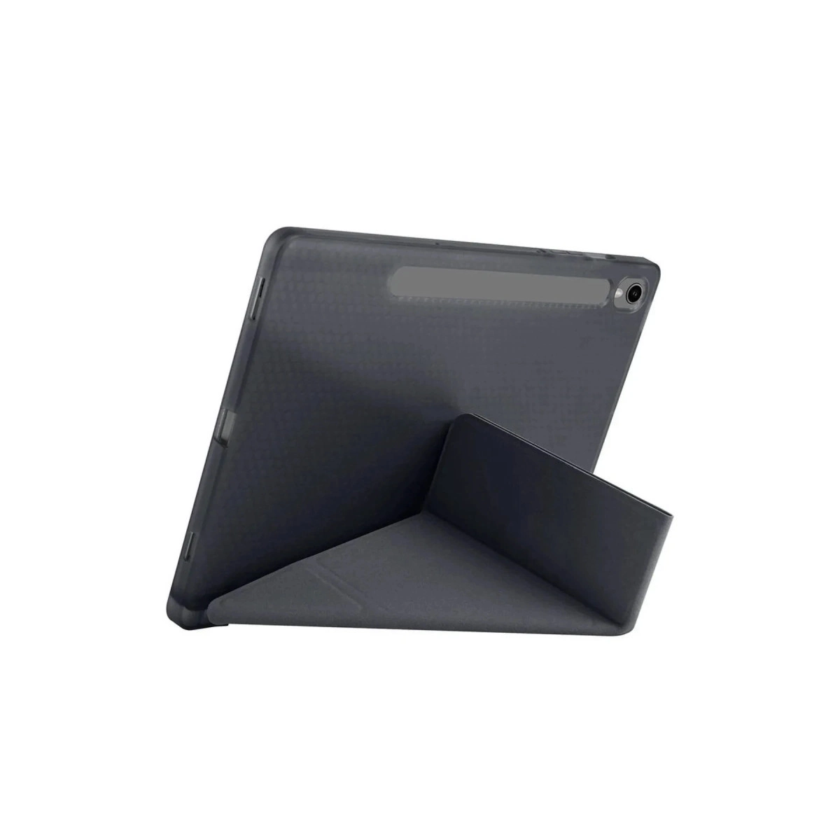 Koyu gri tablet, folio kılıfı ile beyaz arka planda duruyor.