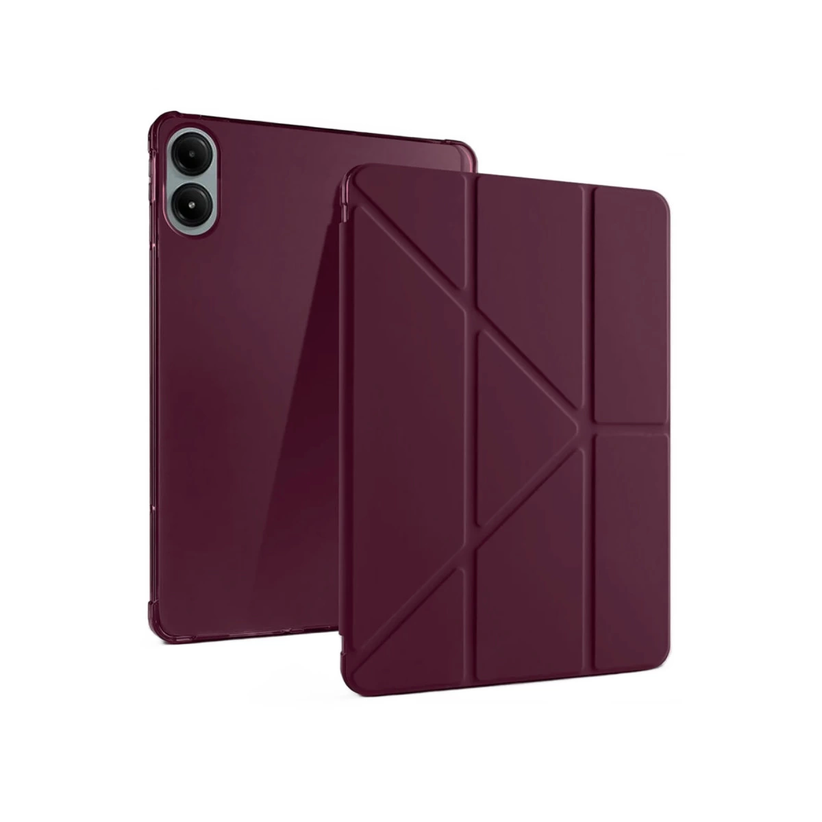 Katlanmış kılıflı koyu kırmızı tablet. Tabletin arkasında iki kamera bulunur.