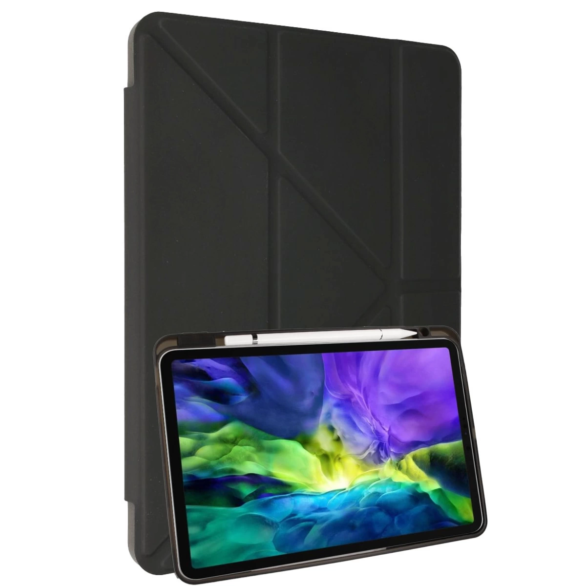 Renkli arka plan gösteren kılıflı, kalemli siyah tablet.