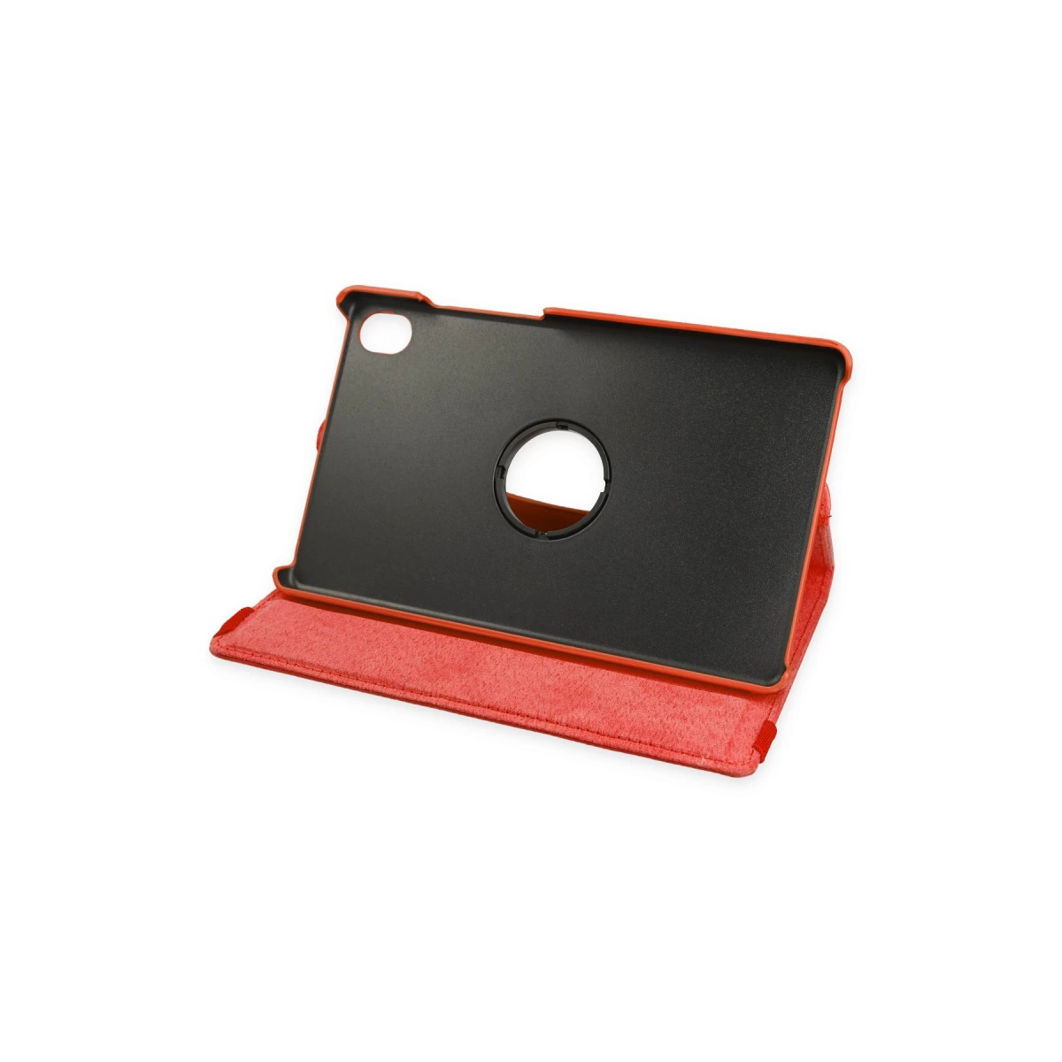 Dairesel kesimli siyah içli kırmızı tablet kılıfı.