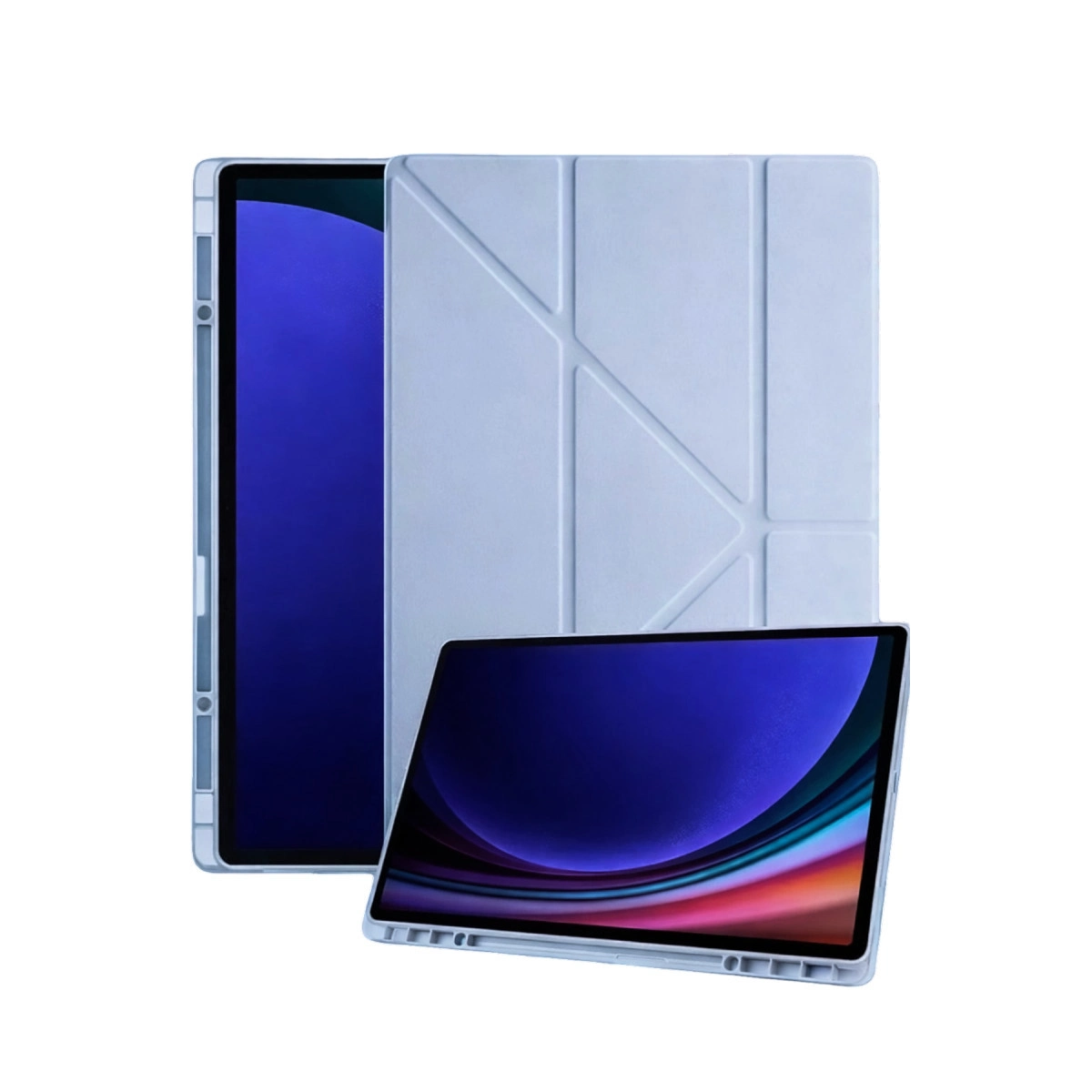 İki açık mavi tablet. Biri açık duruyor, diğeri renkli ekranla düz yatıyor.