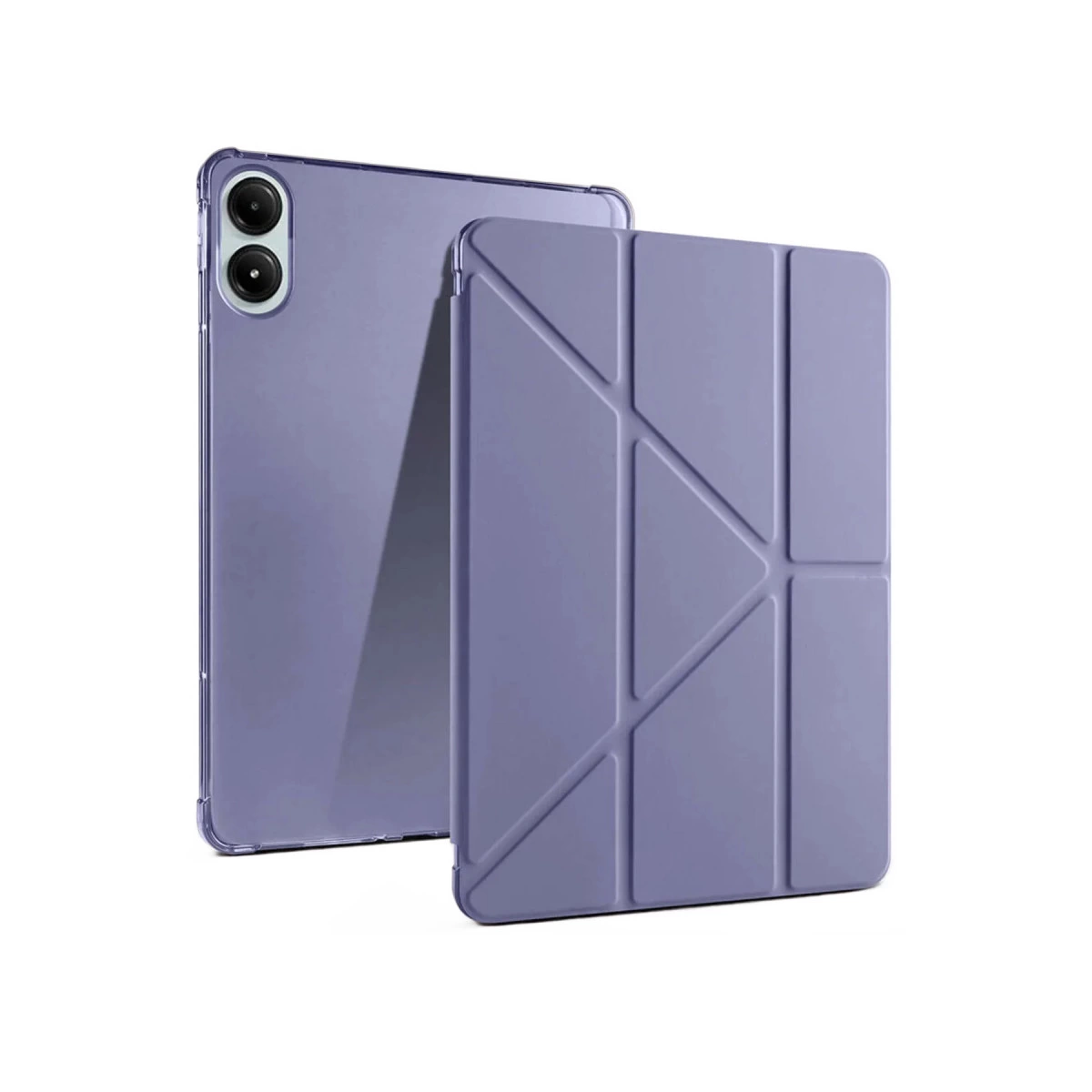 Yanında katlanmış kılıfı olan mor bir tablet.