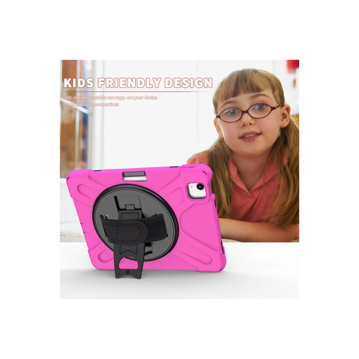 Standlı pembe tablet kılıfı ve gözlüklü bir kız.