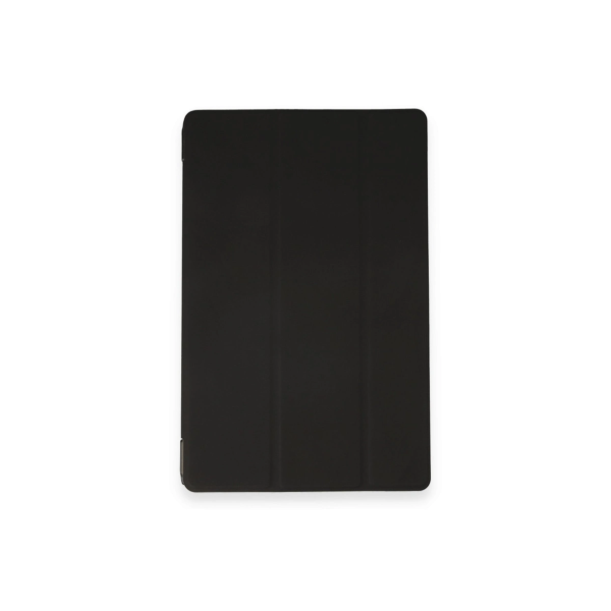 Beyaz arka plan üzerinde siyah bir tablet kılıfı duruyor.