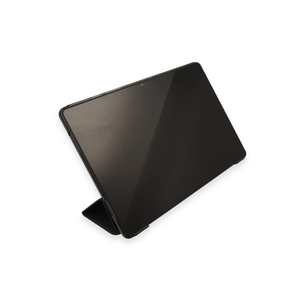 Beyaz zeminde duran, stantlı siyah tablet.