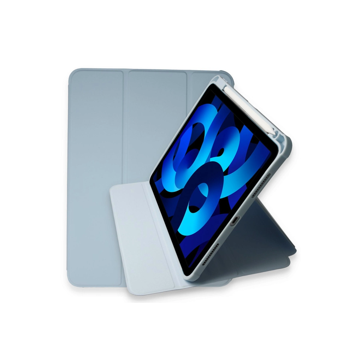 Mavi duvar kağıtlı açık mavi tablet, styluslu, beyaz arka plan üzerinde.