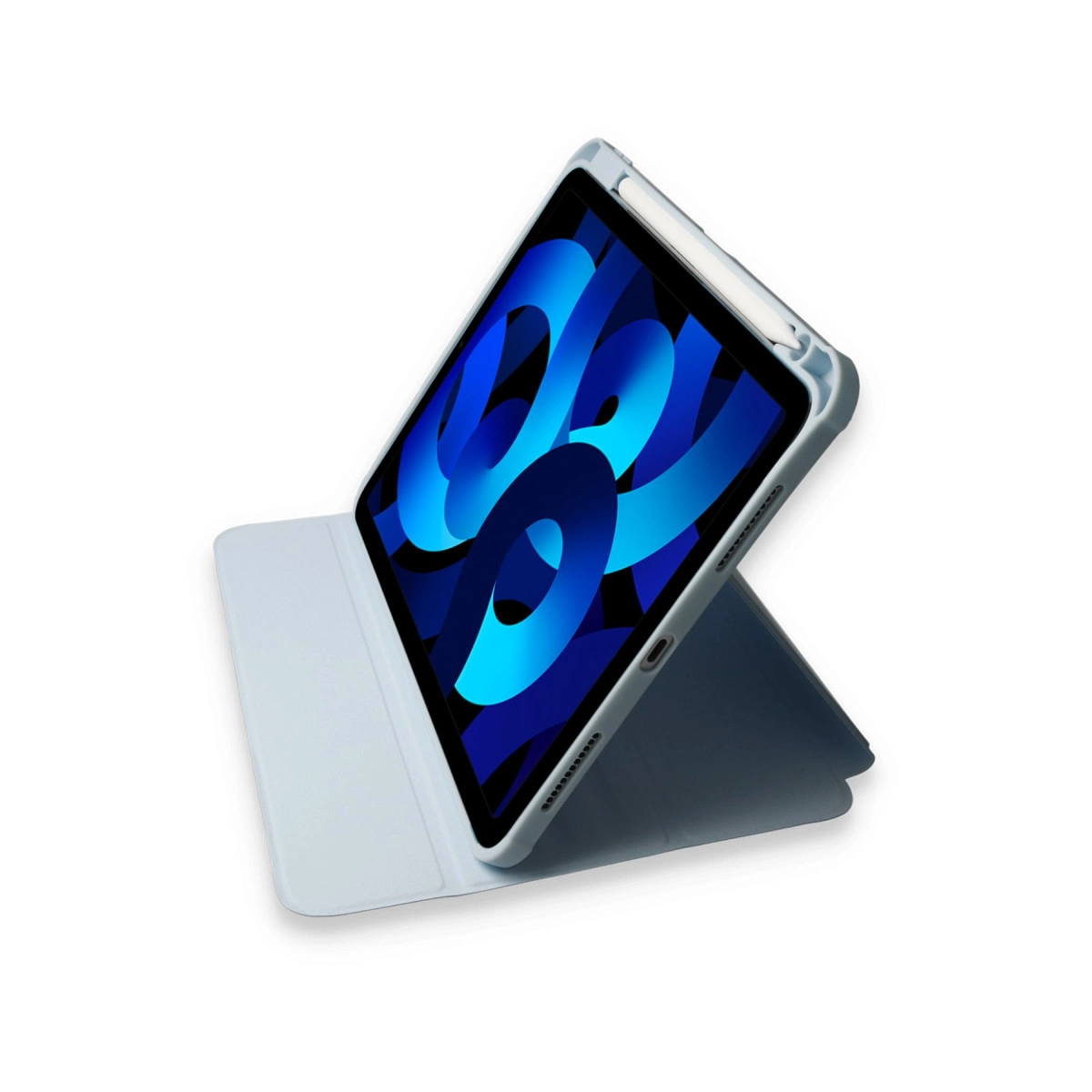 Mavi duvar kağıtlı açık mavi iPad ve koruyucu kılıf.