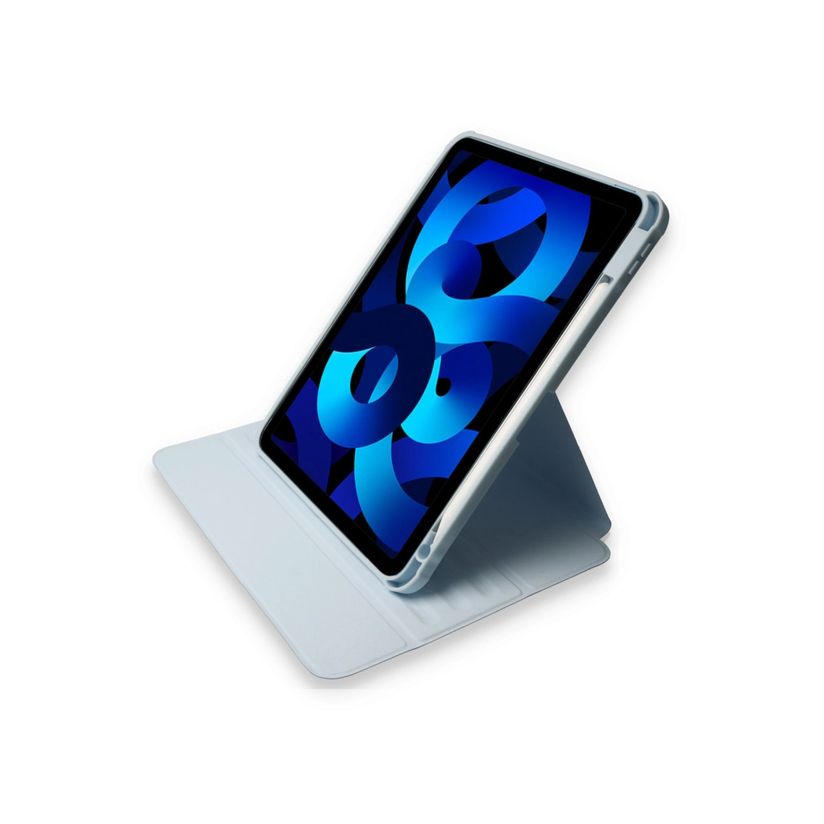 Açık mavi bir tablet, açık mavi bir stant üzerinde duran mavi soyut duvar kağıdı gösteriyor.
